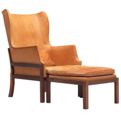 Mogens Koch Wingback Chair and Ottoman in Cognac Leather