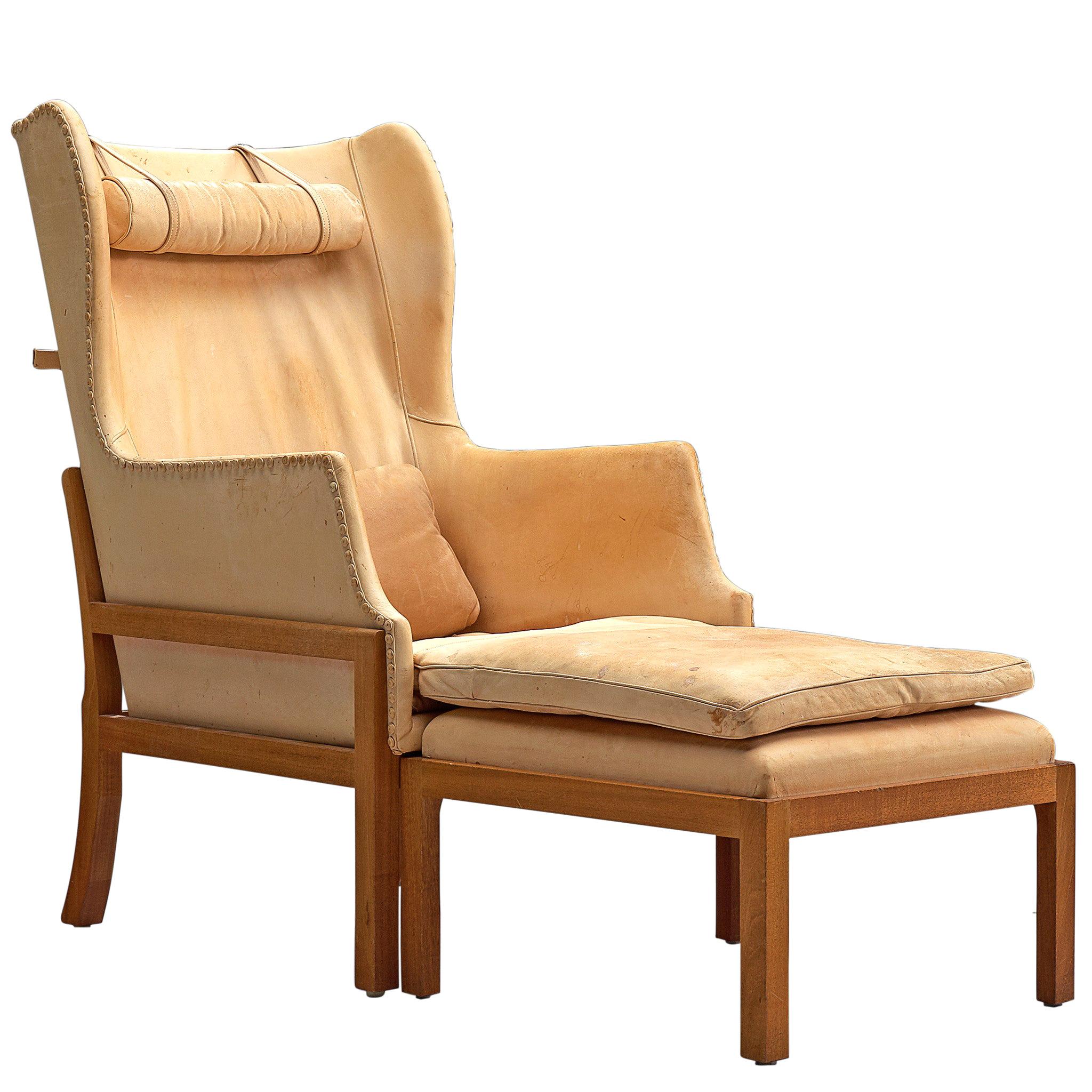 Mogens Koch Wingback Chair and Ottoman in Cognac Leather