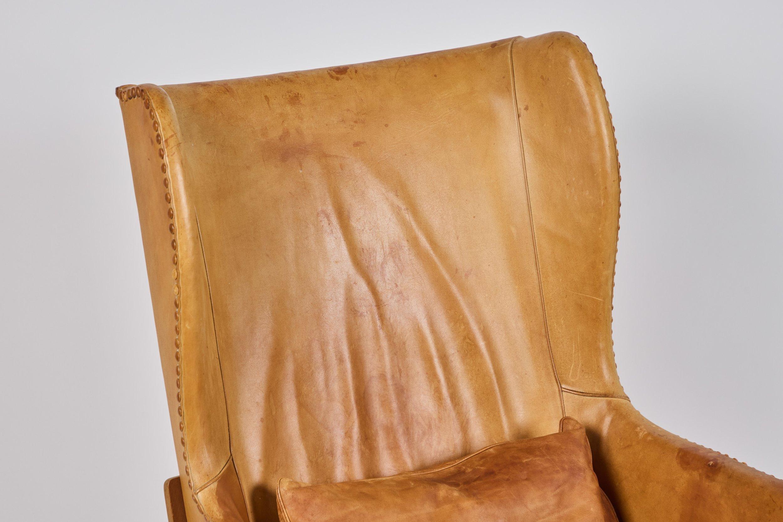 Leather Mogens Koch Wingback Chairs and Ottomans For Sale