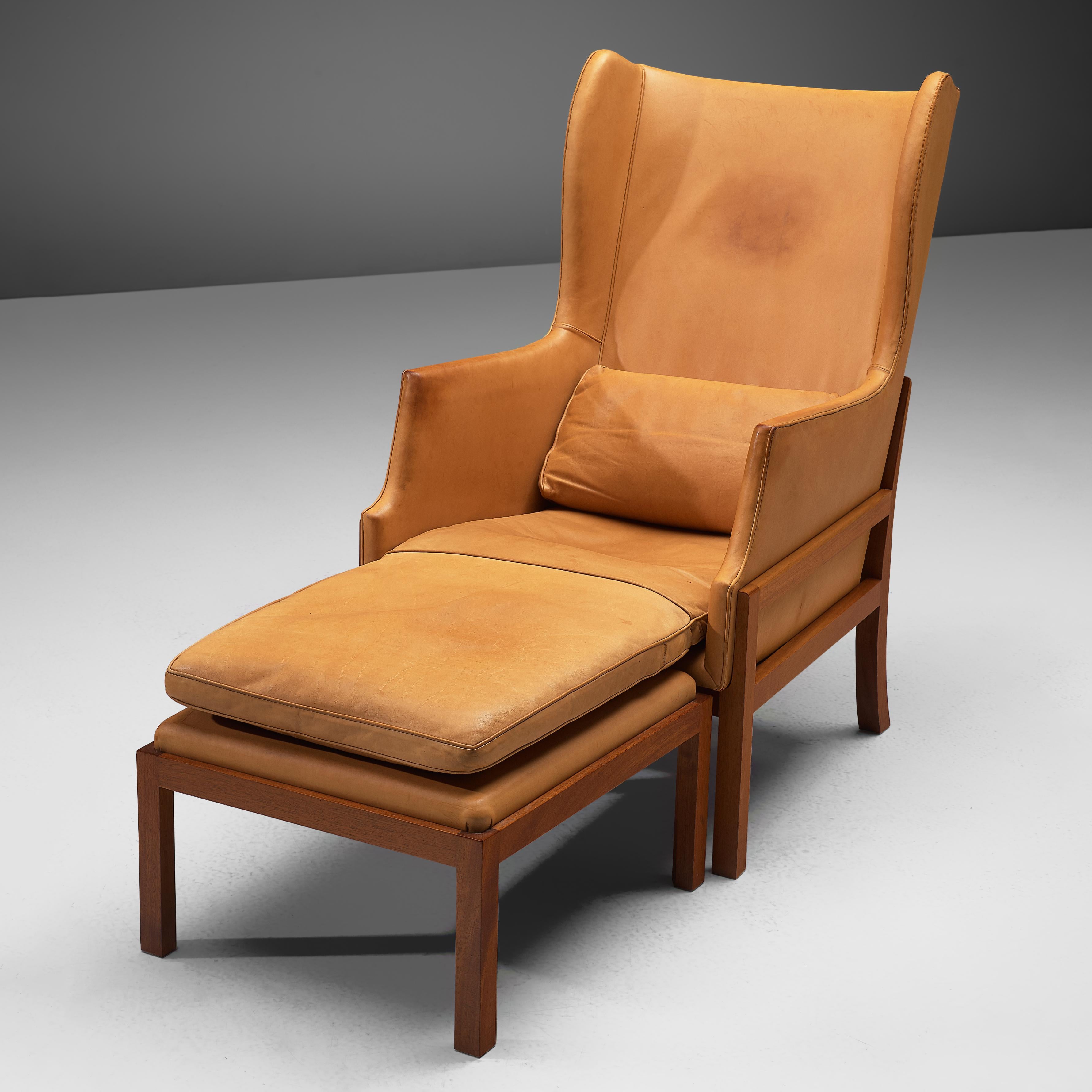 Mogens Koch Wingback Lounge Chair and Ottoman in Cognac Leather 4