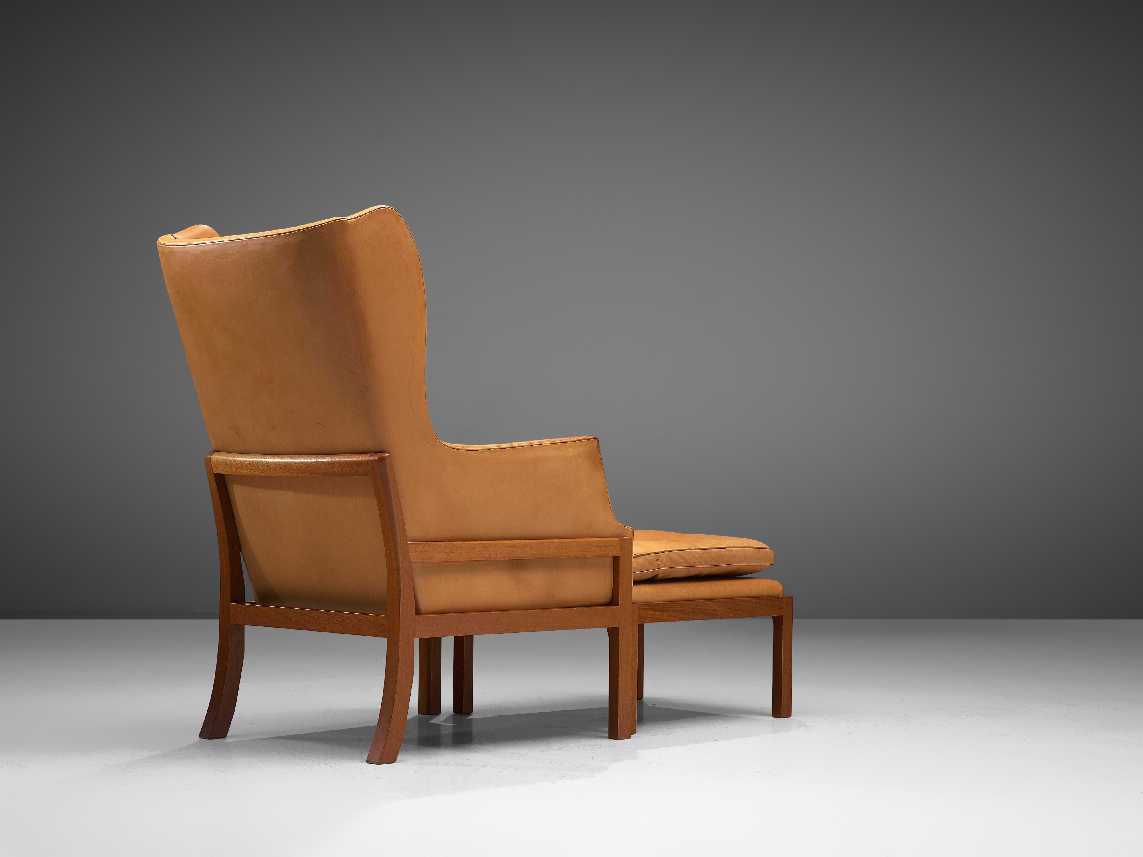 Danish Mogens Koch Wingback Lounge Chair and Ottoman in Cognac Leather