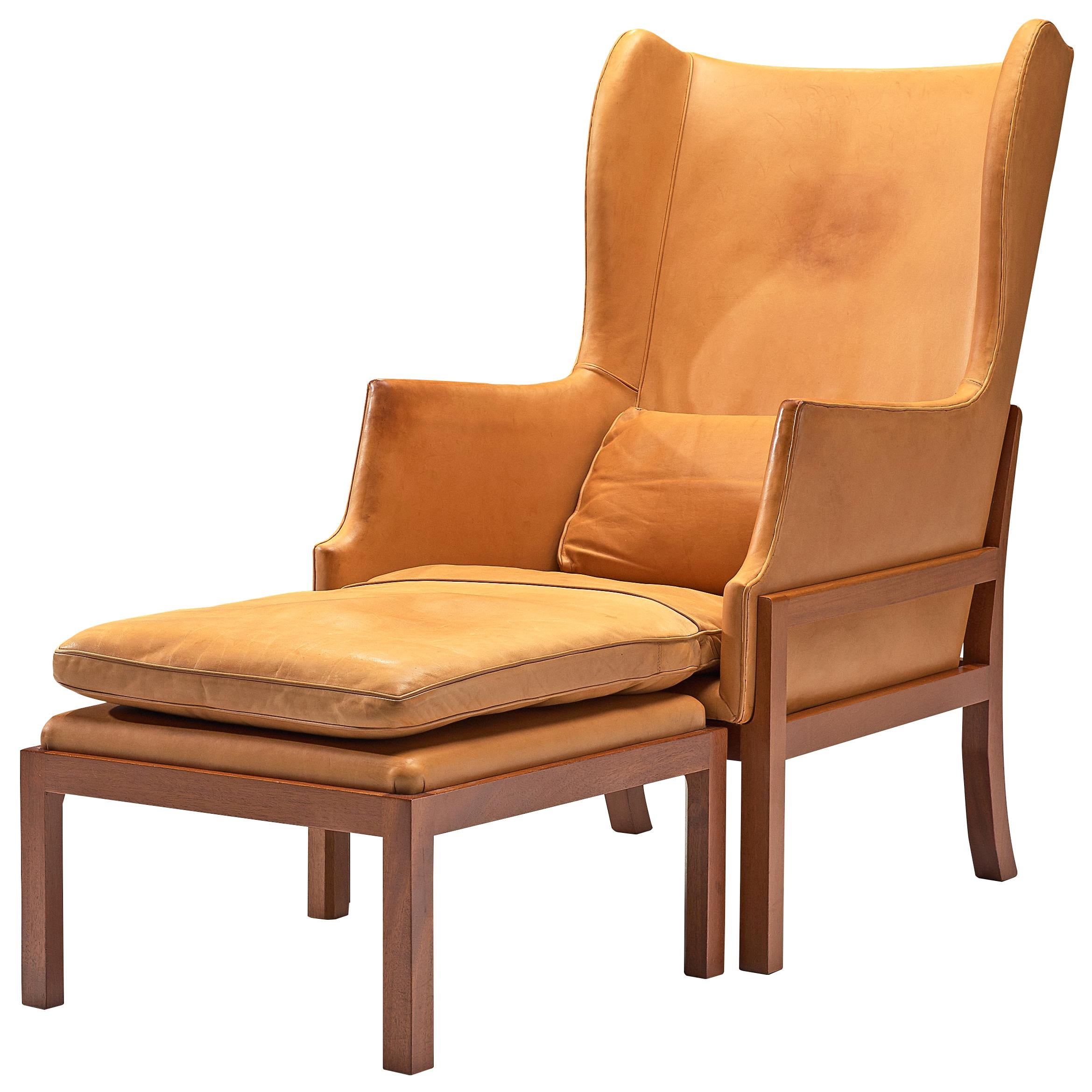 Mogens Koch Wingback Lounge Chair and Ottoman in Cognac Leather