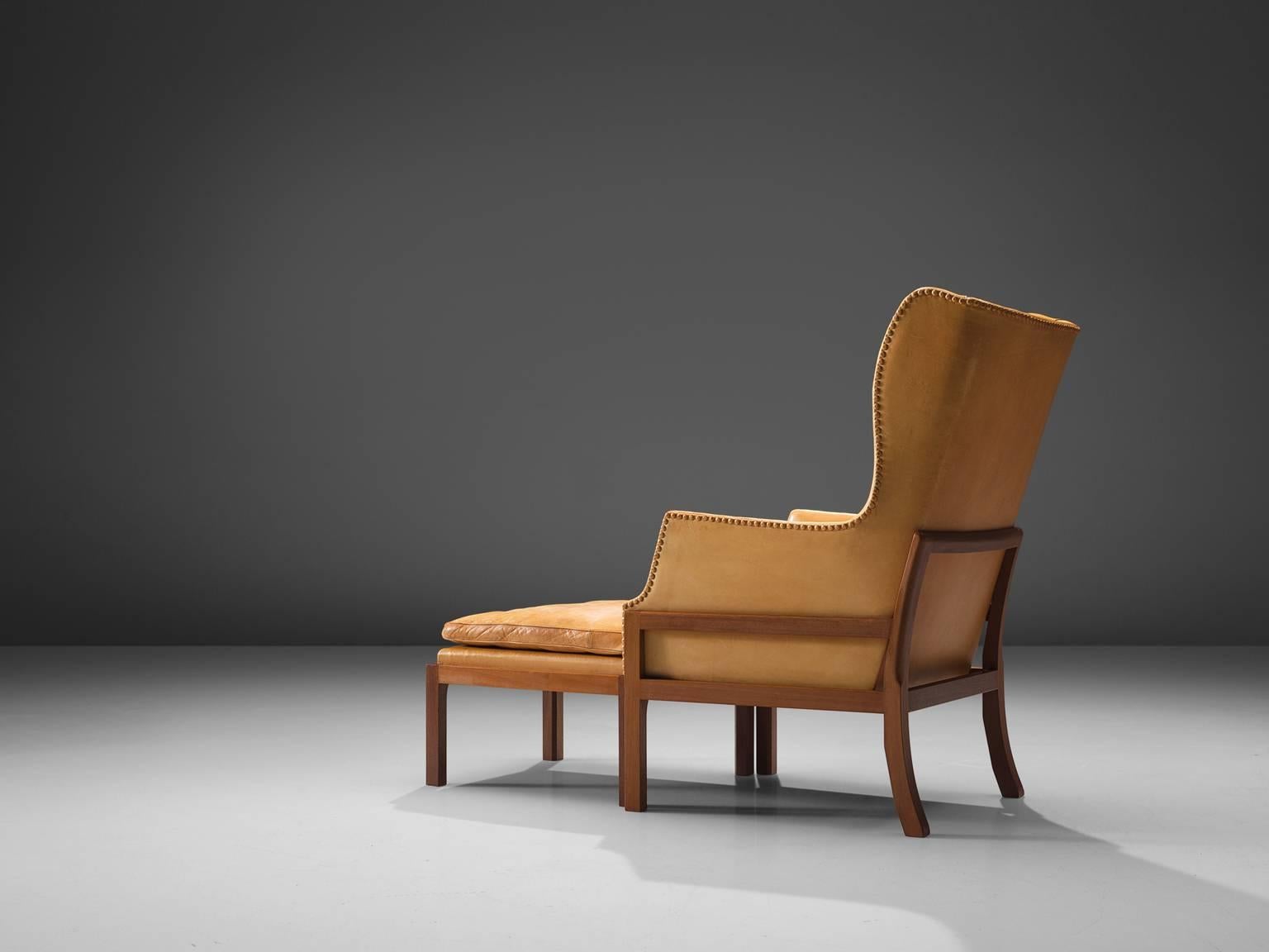 Danish Mogens Koch Wingback Lounge Chair in Mahogany and Cognac Leather