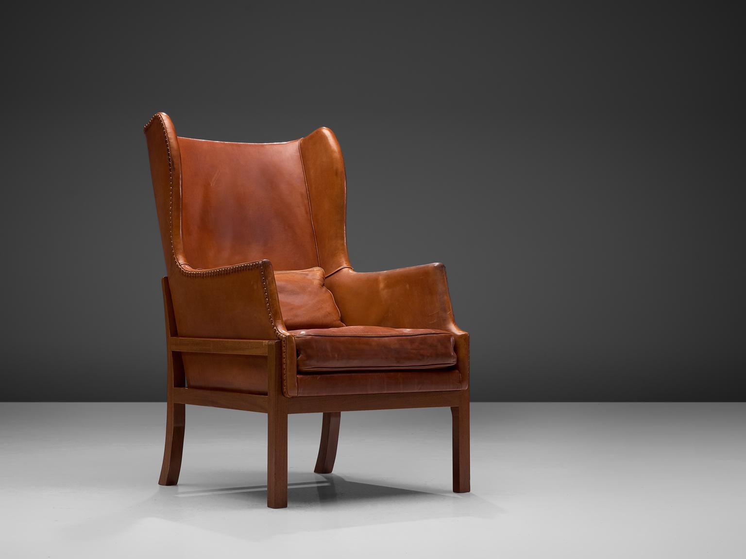 Danish Mogens Koch Wingback Lounge Chair in Mahogany and Cognac Leather