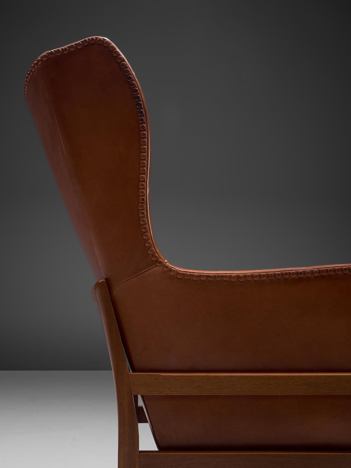 Late 20th Century Mogens Koch Wingback Lounge Chair in Mahogany and Cognac Leather