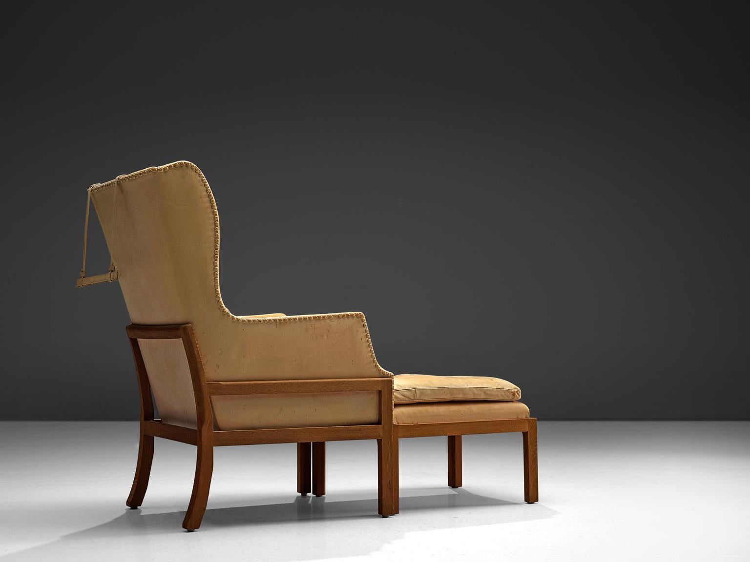 Danish Mogens Koch Wingback Lounge Chair in Mahogany and Natural Leather