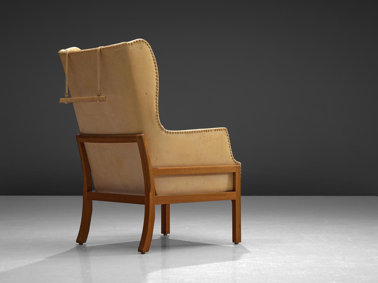 Late 20th Century Mogens Koch Wingback Lounge Chair in Mahogany and Natural Leather