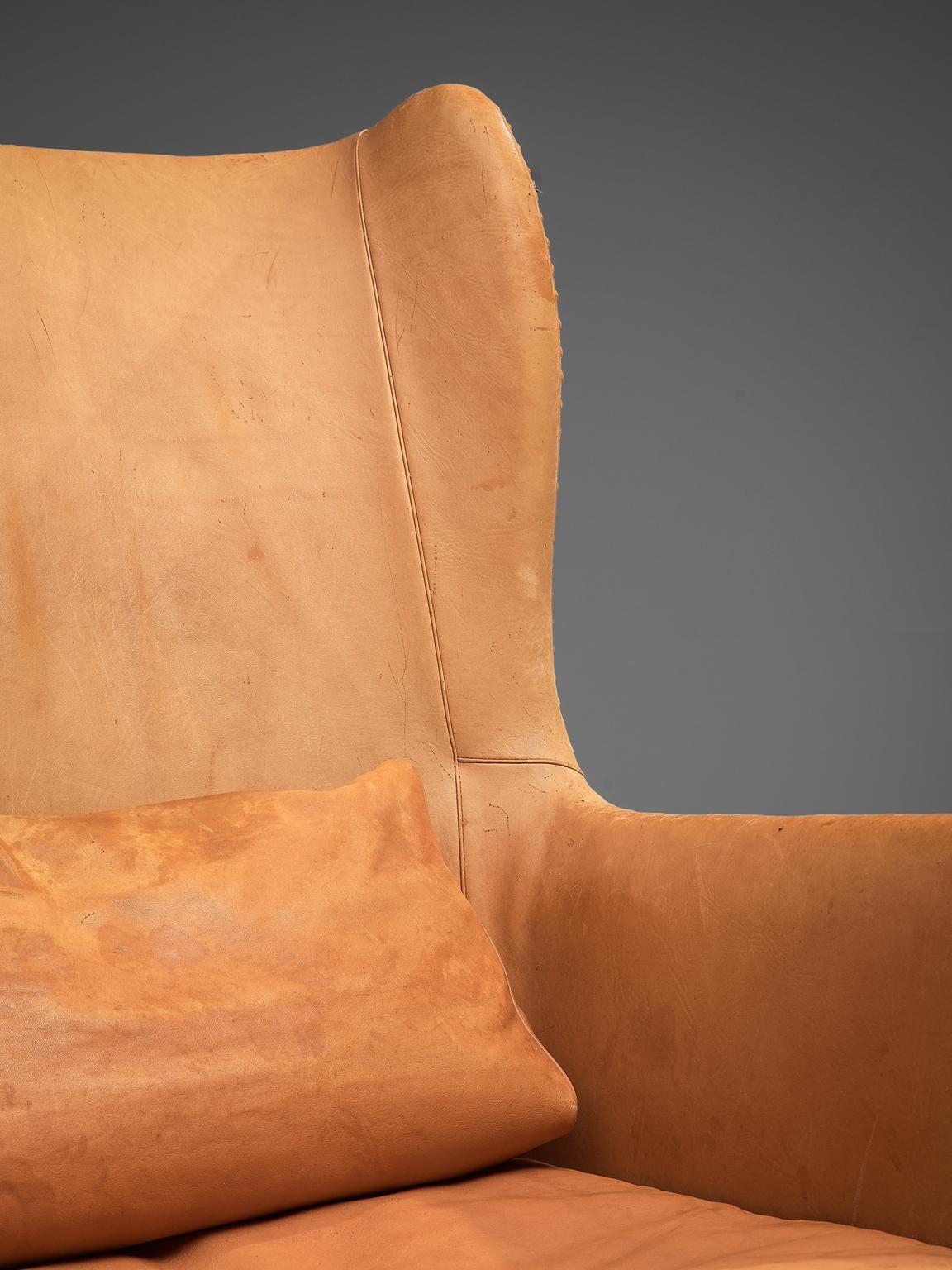 Danish Mogens Koch Wingback Chair and Ottoman in Dark Mahogany, Cognac Leather