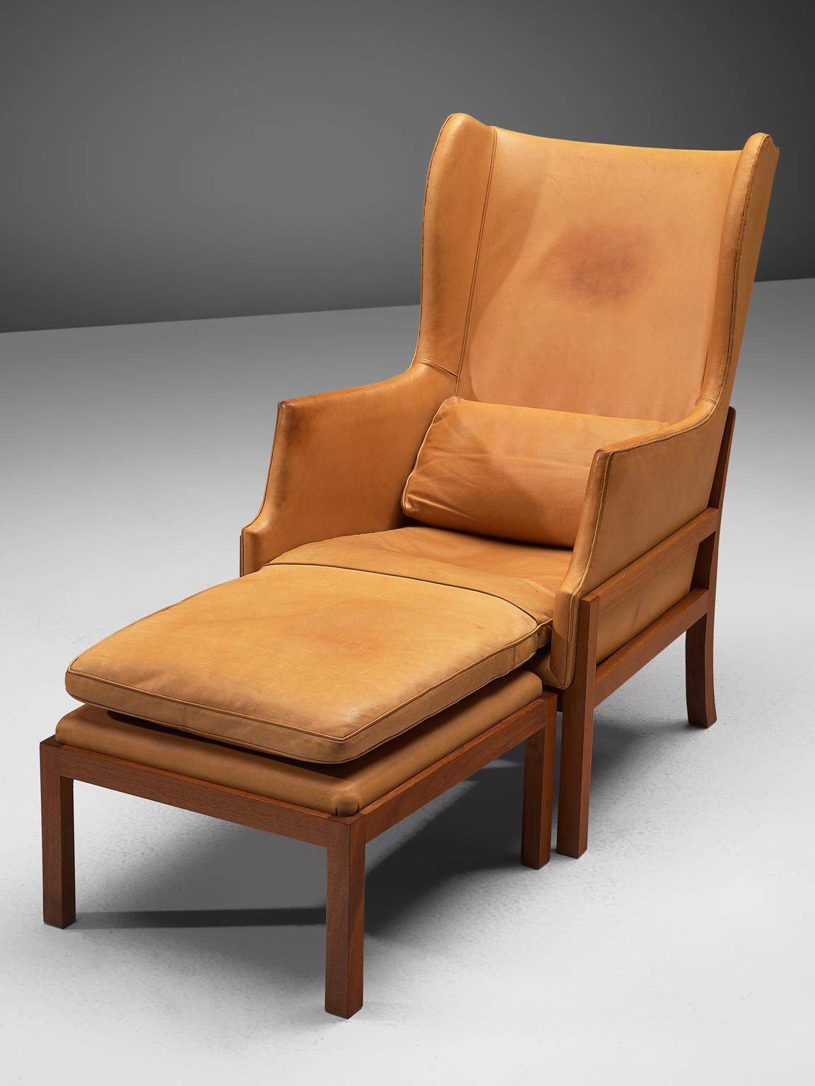 Mogens Koch Wingback Wingback Chair and Ottoman in Mahogany and Cognac Leather 3