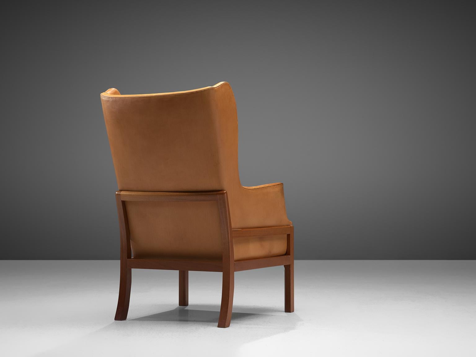 Danish Mogens Koch Wingback Wingback Chair and Ottoman in Mahogany and Cognac Leather
