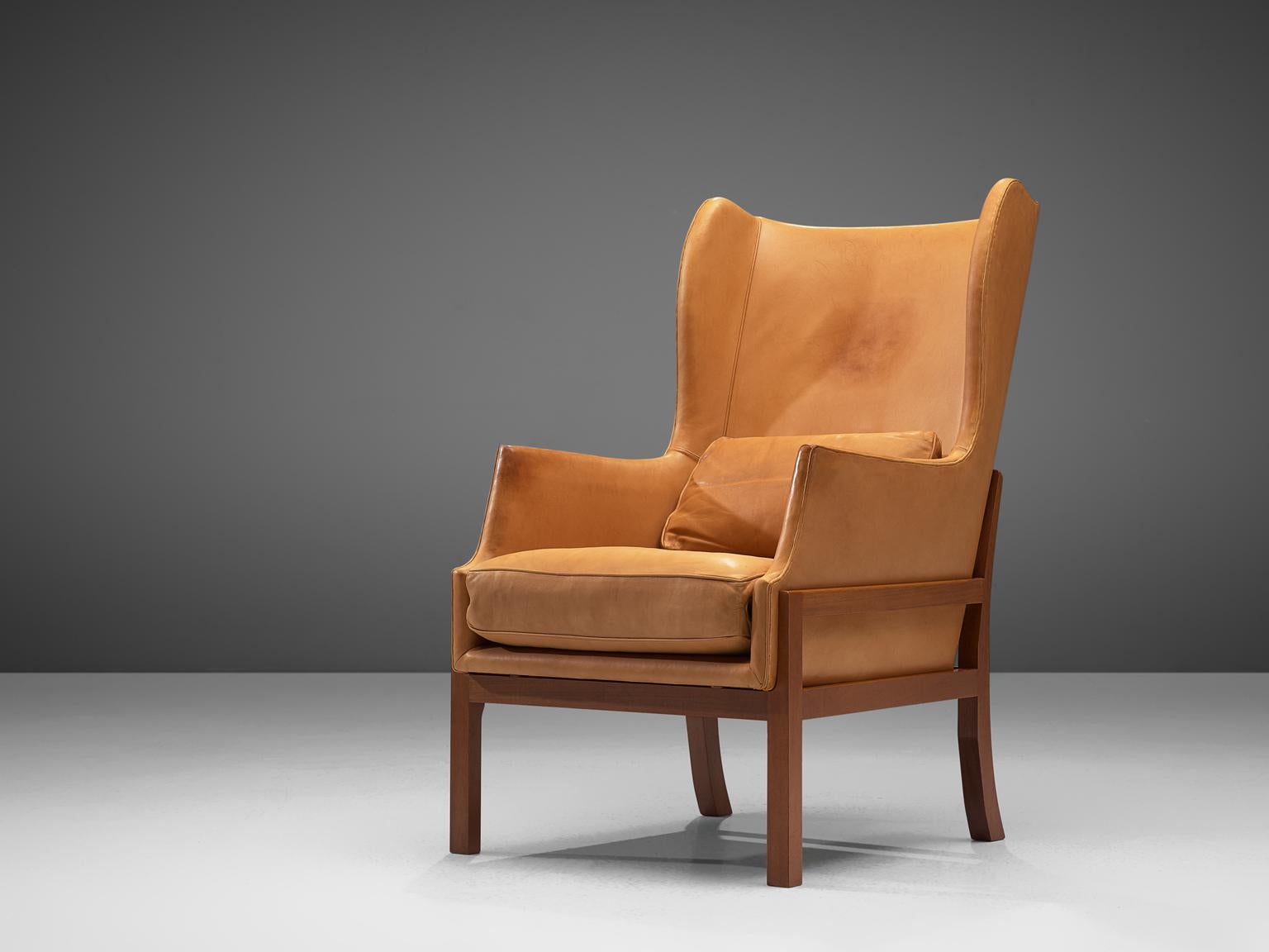 Mogens Koch Wingback Wingback Chair and Ottoman in Mahogany and Cognac Leather In Good Condition In Waalwijk, NL