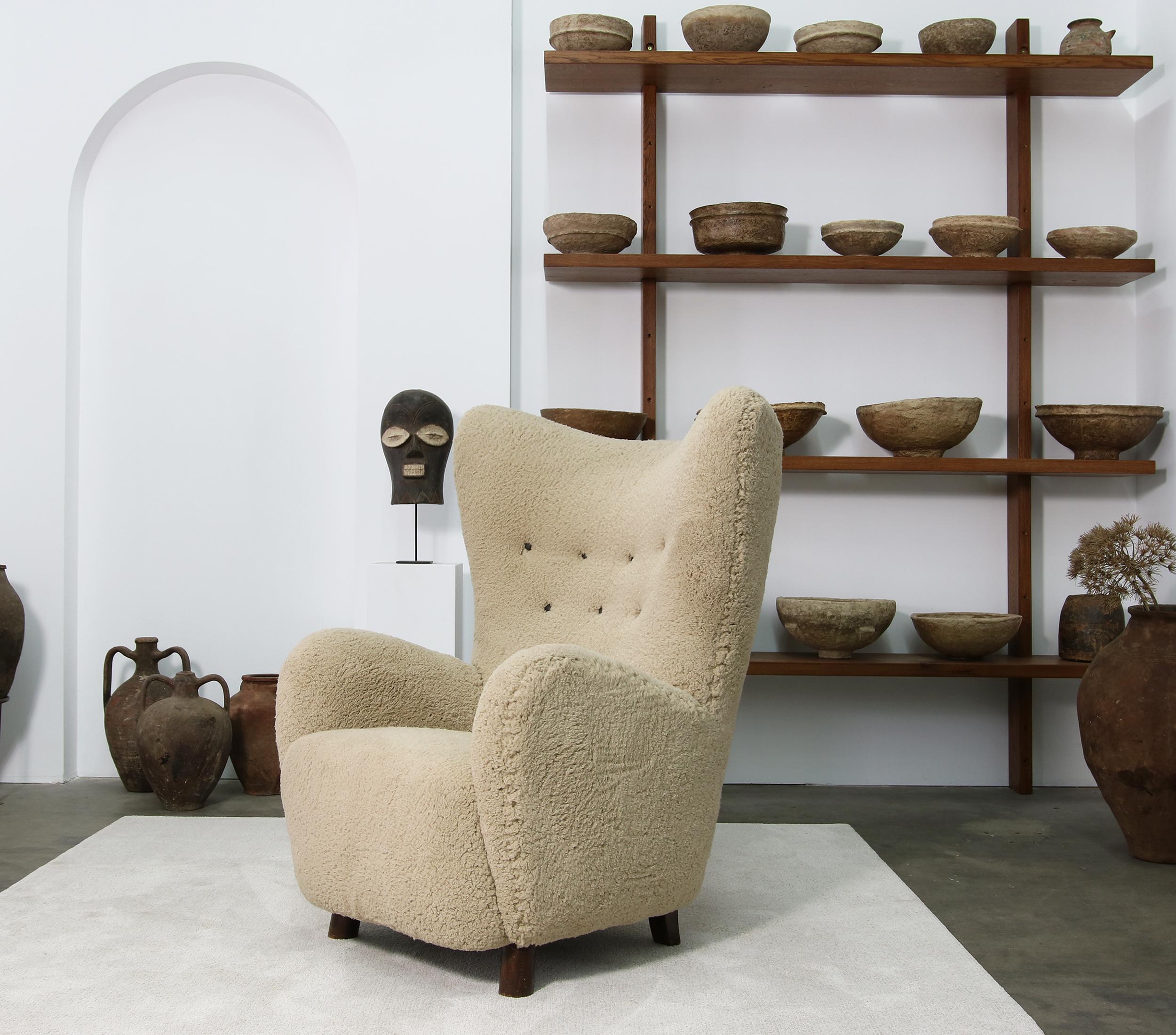Mogens Lassen Lounge Wingback Chair 1940 Denmark, Teddy Fur & Leather, Sheepskin 4