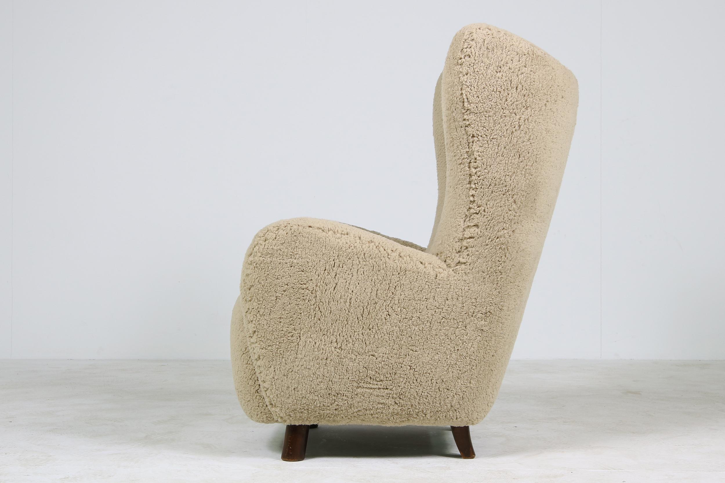 Mid-Century Modern Mogens Lassen Lounge Wingback Chair 1940 Denmark, Teddy Fur & Leather, Sheepskin