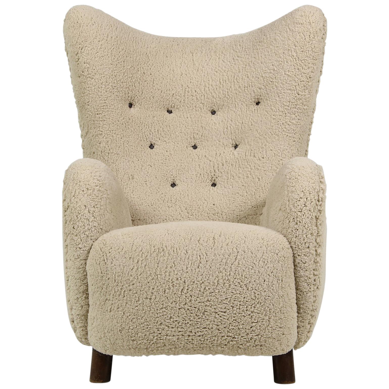 Mogens Lassen Lounge Wingback Chair 1940 Denmark, Teddy Fur & Leather, Sheepskin
