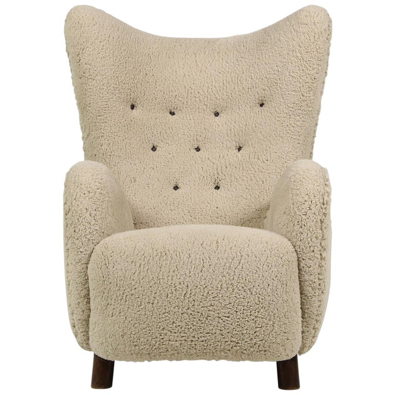 Mogens Lassen Lounge Wingback Chair 1940 Denmark, Teddy Fur and Leather,  Sheepskin at 1stDibs | lassen chair