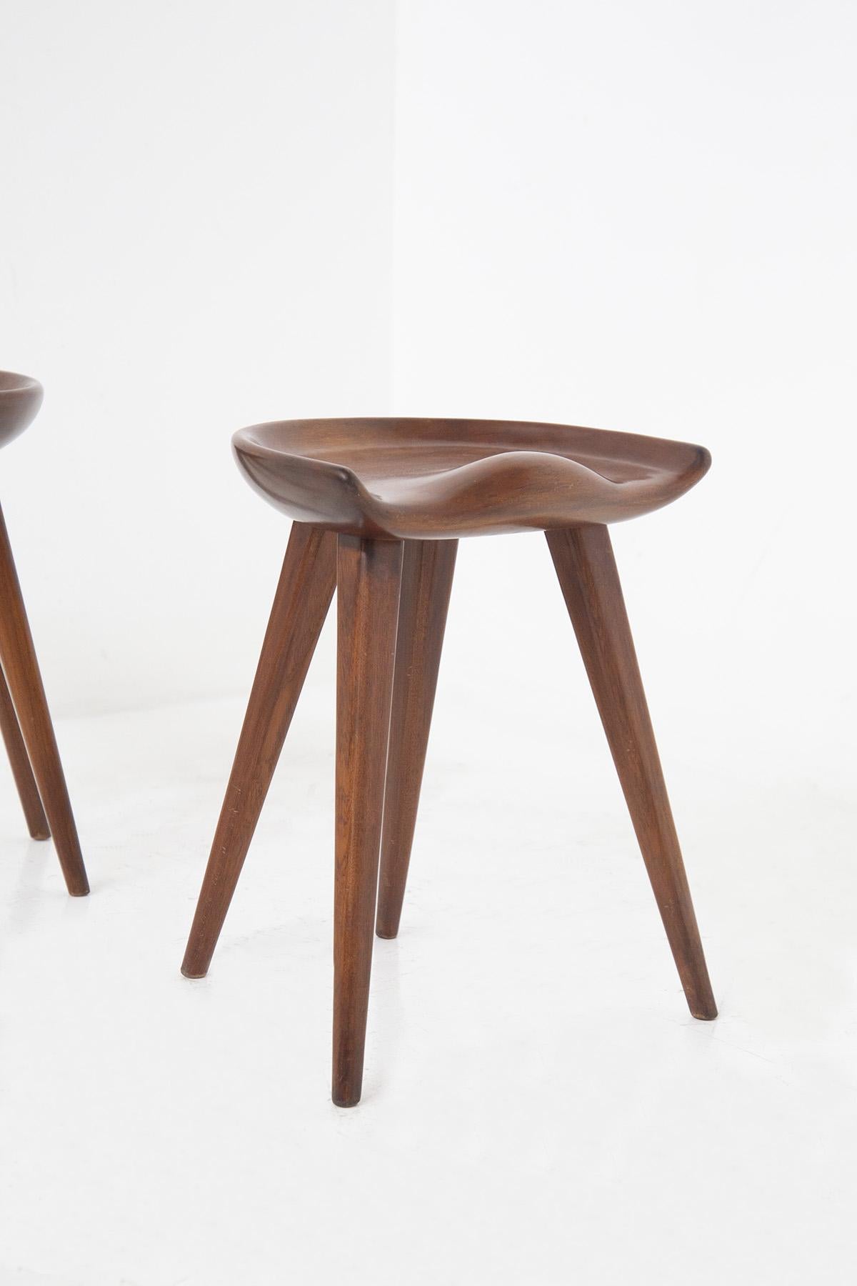 Mid-20th Century Mogens Lassen Pair of Carved Wooden Stools For Sale