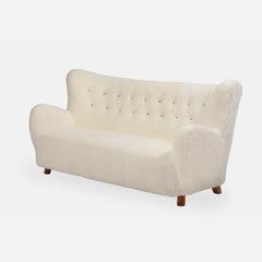 Mogens Lassen Rare Scandinavian Modern Sofa in Ivory Sheepskin, Denmark, 1940s