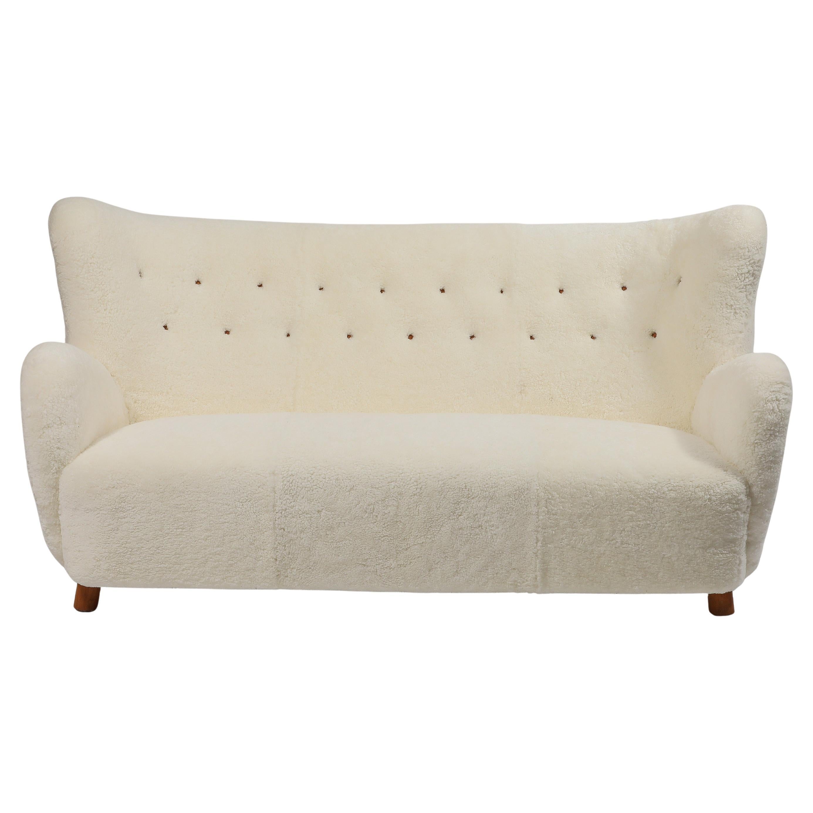 Mogens Lassen Rare Scandinavian Modern Sofa in Ivory Sheepskin, Denmark, 1940s