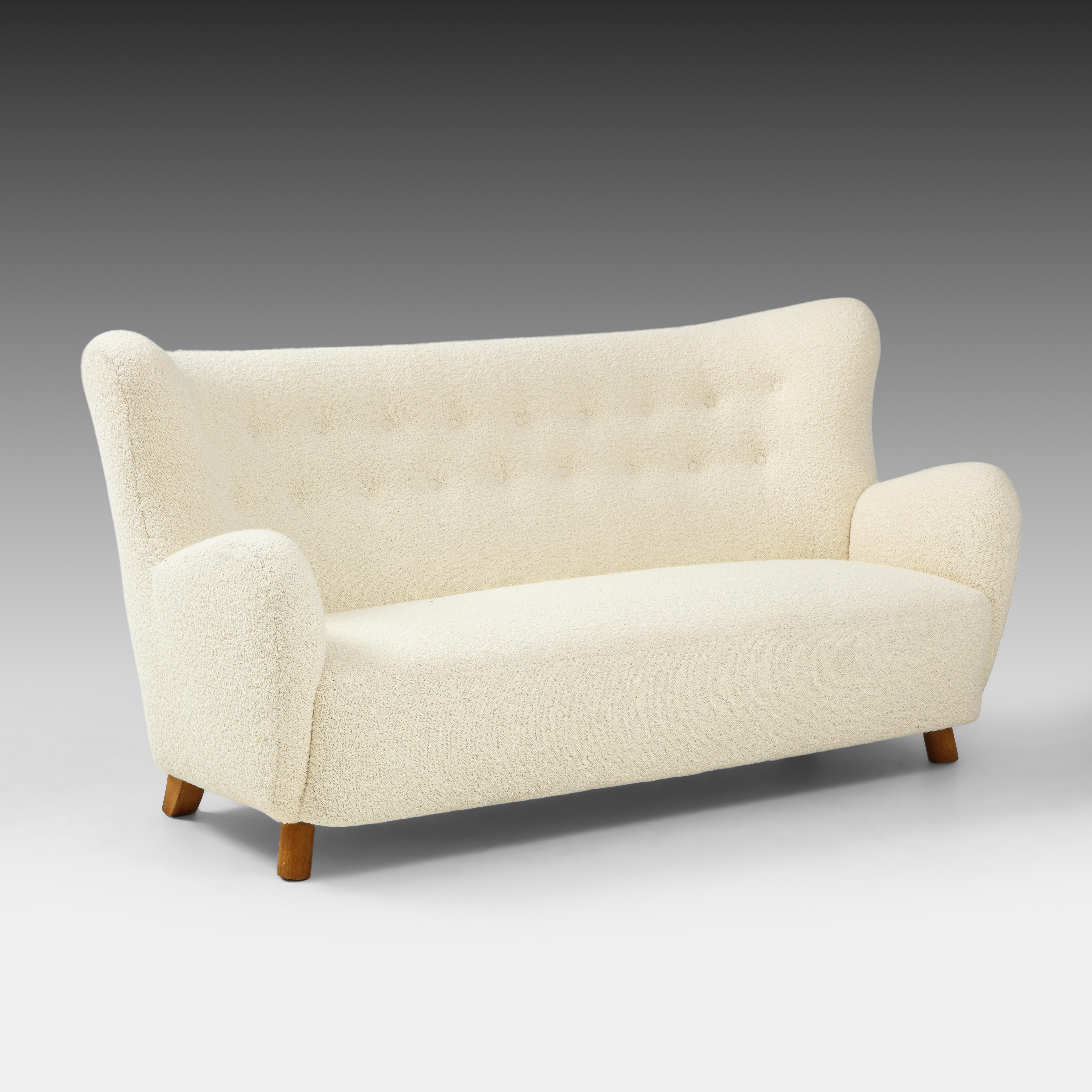 Mogens Lassen Seltenes organisches Sofa aus elfenbeinfarbenem Bouclé, Dänemark, 1930er Jahre (Mitte des 20. Jahrhunderts) im Angebot