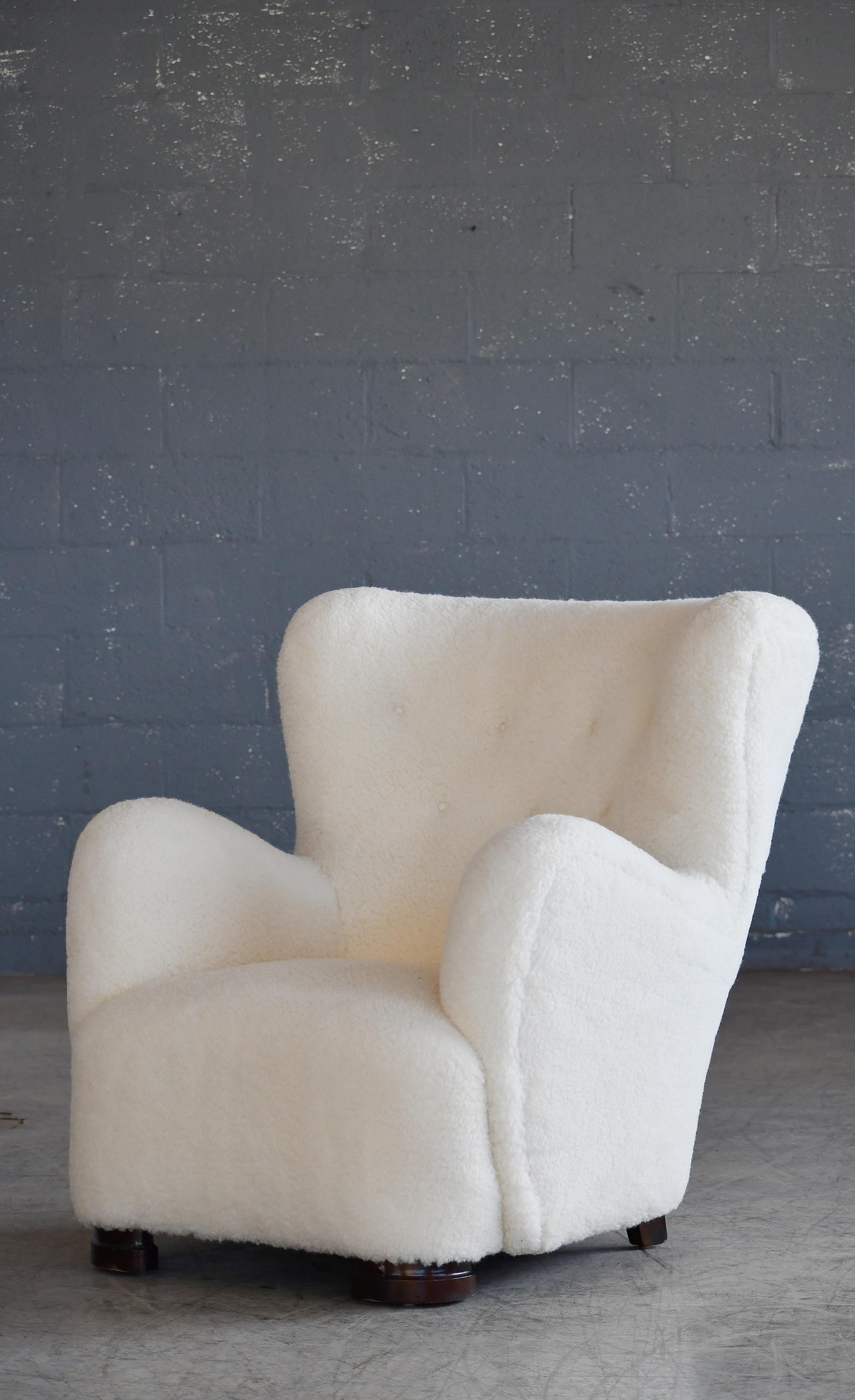 Mid-Century Modern Mogens Lassen Style 1940's Danish Highback Lounge Chair in Lambswool For Sale