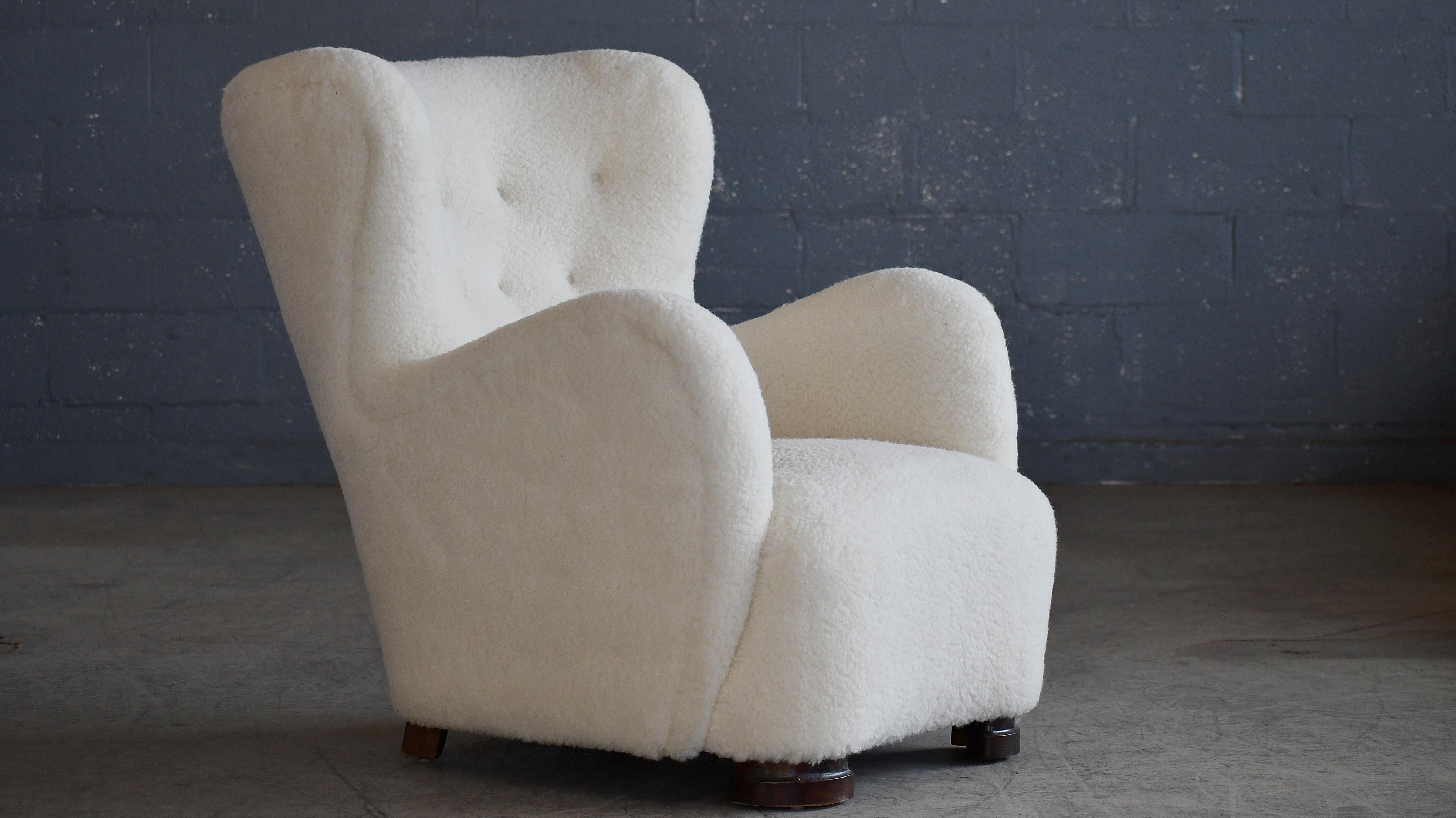 Mid-20th Century Mogens Lassen Style 1940's Danish Highback Lounge Chair in Lambswool For Sale