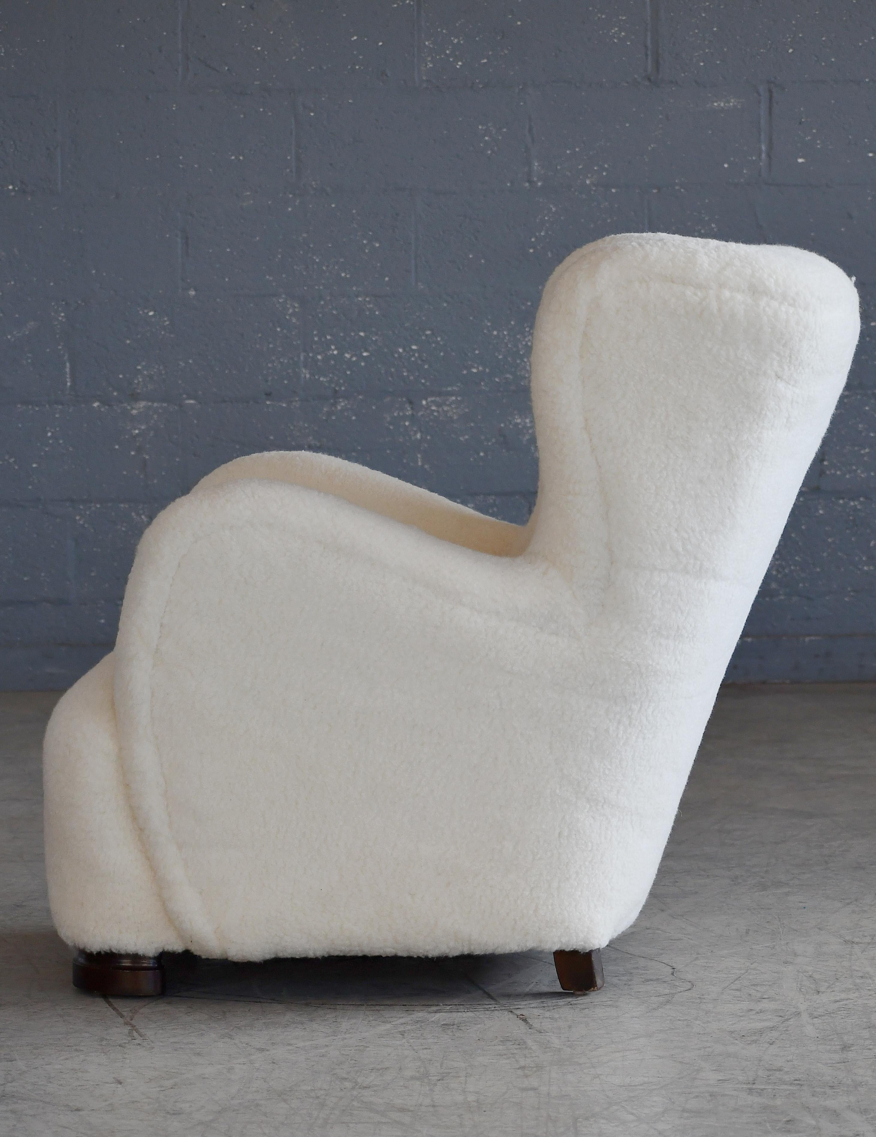 Mogens Lassen Style 1940's Danish Highback Lounge Chair in Lambswool For Sale 1