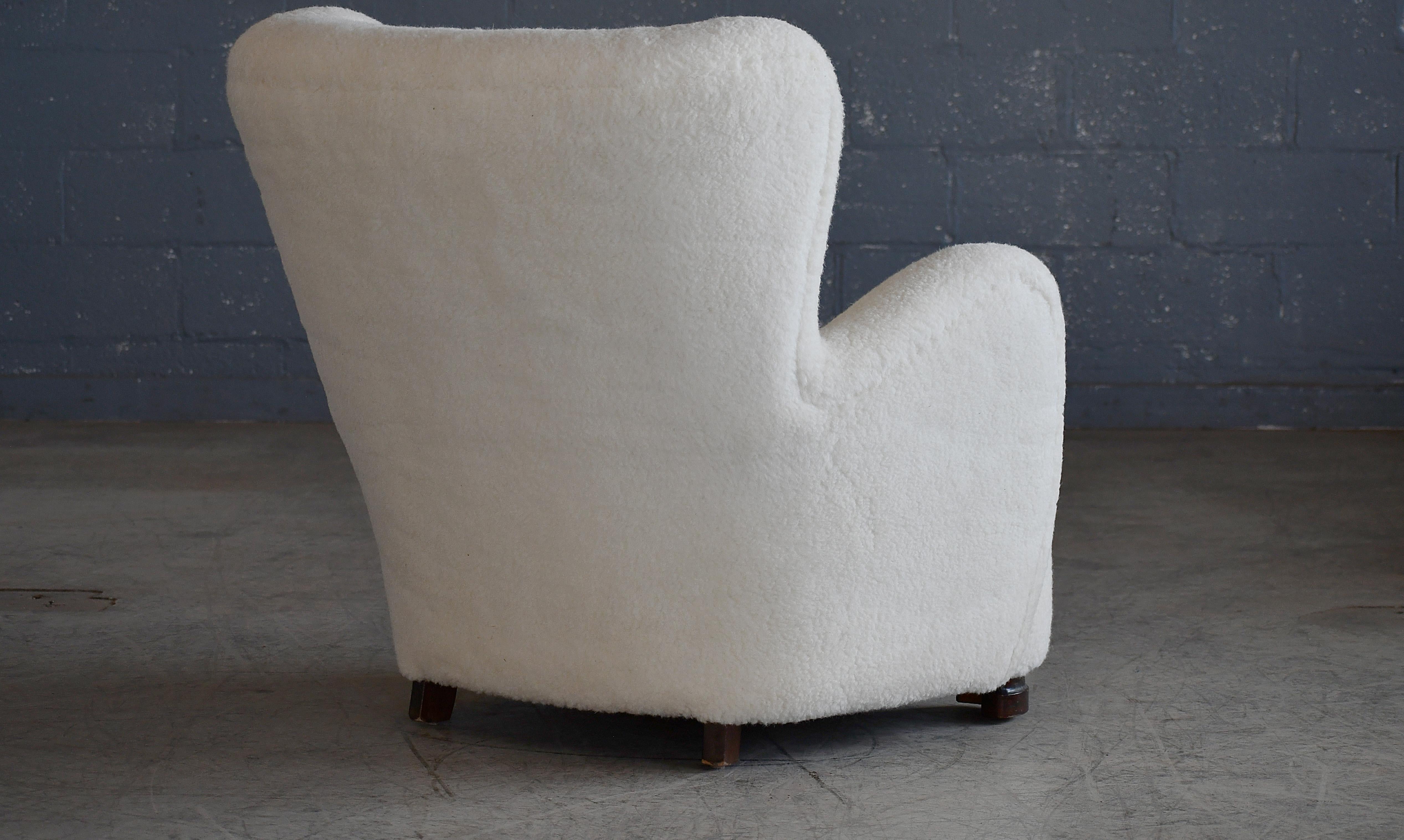 Mogens Lassen Style 1940's Danish Highback Lounge Chair in Lambswool For Sale 2
