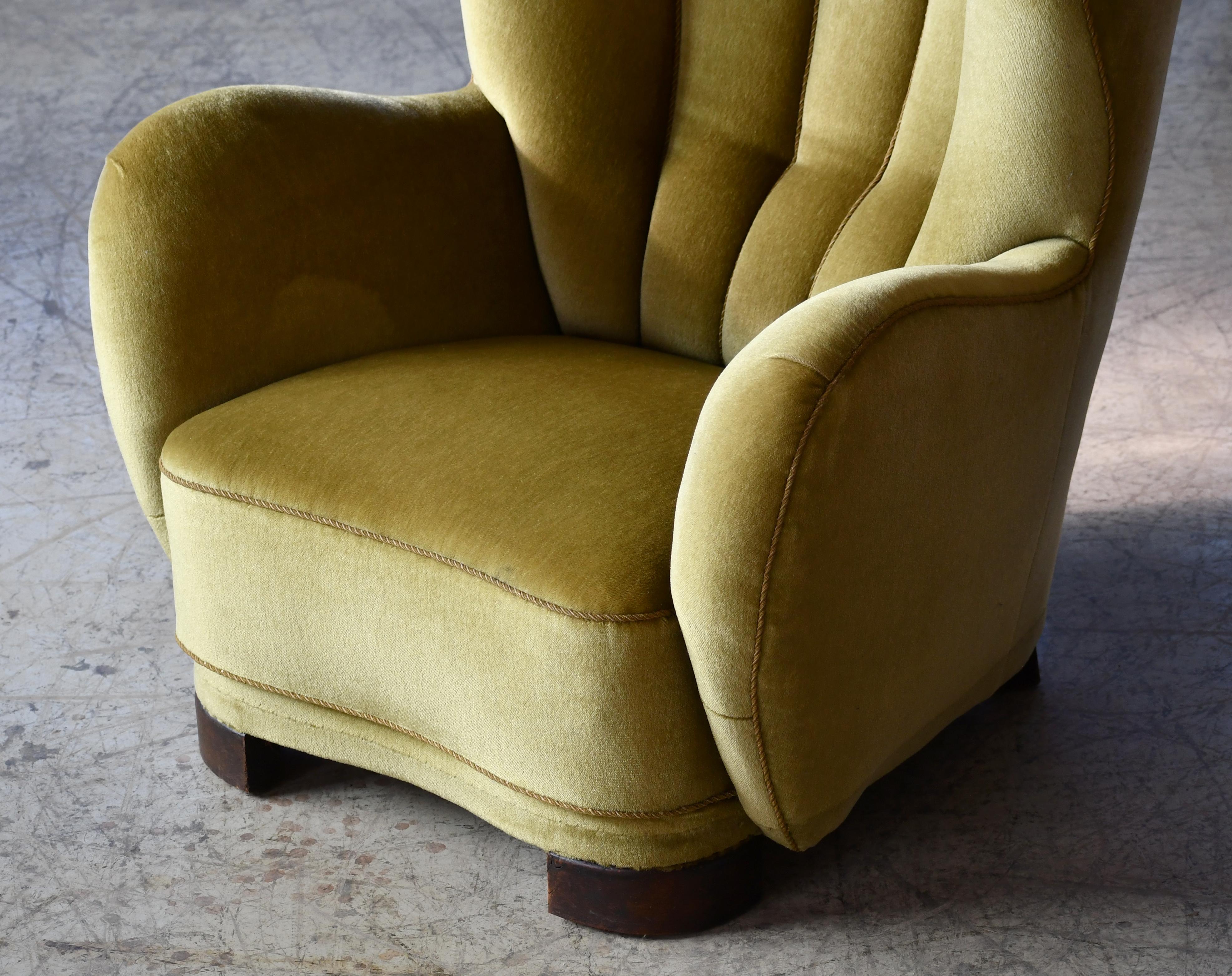Mid-20th Century Mogens Lassen Style Danish 1940s Channel Back Lounge Chair in Mohair Fabric For Sale