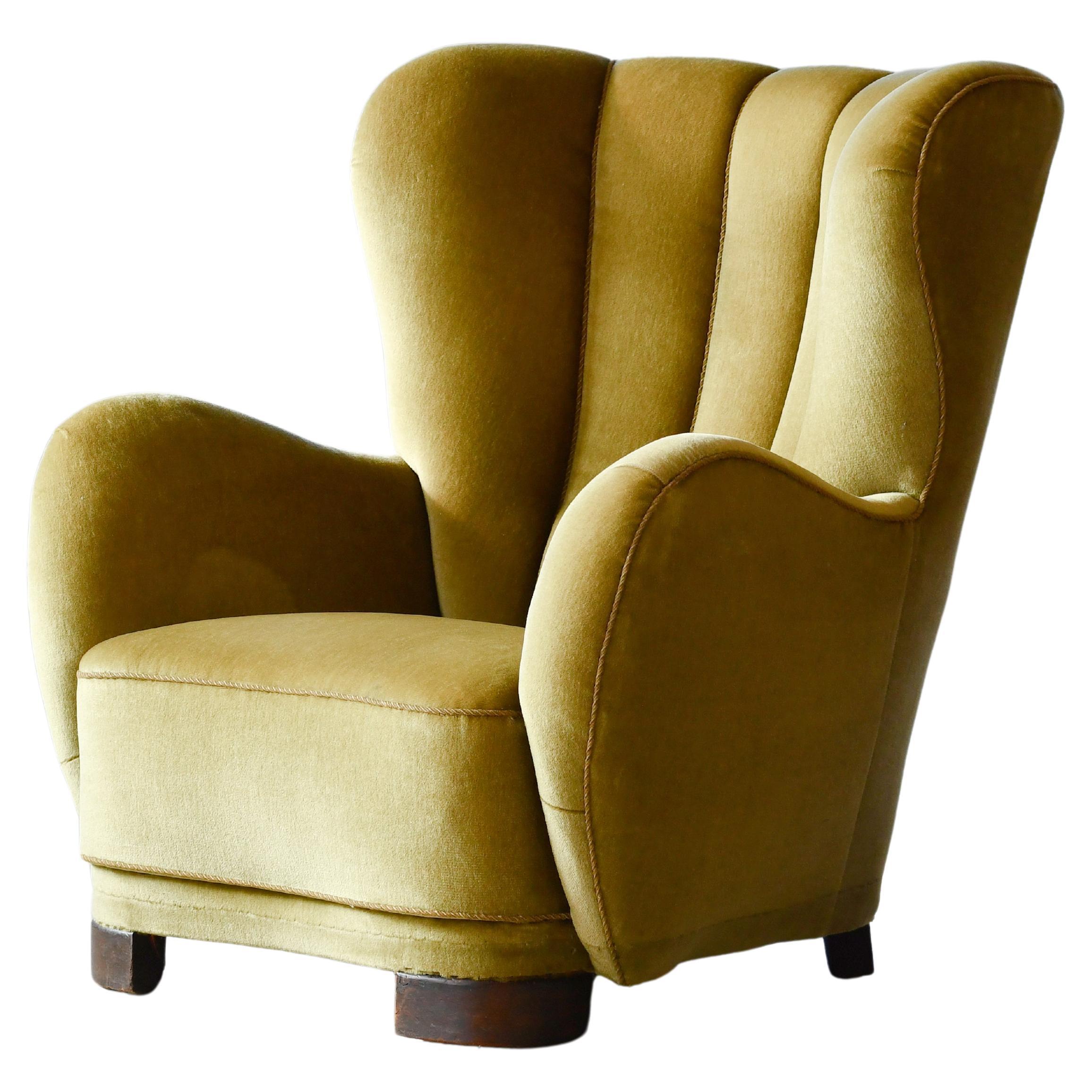 Mogens Lassen Style Danish 1940s Channel Back Lounge Chair in Mohair Fabric For Sale