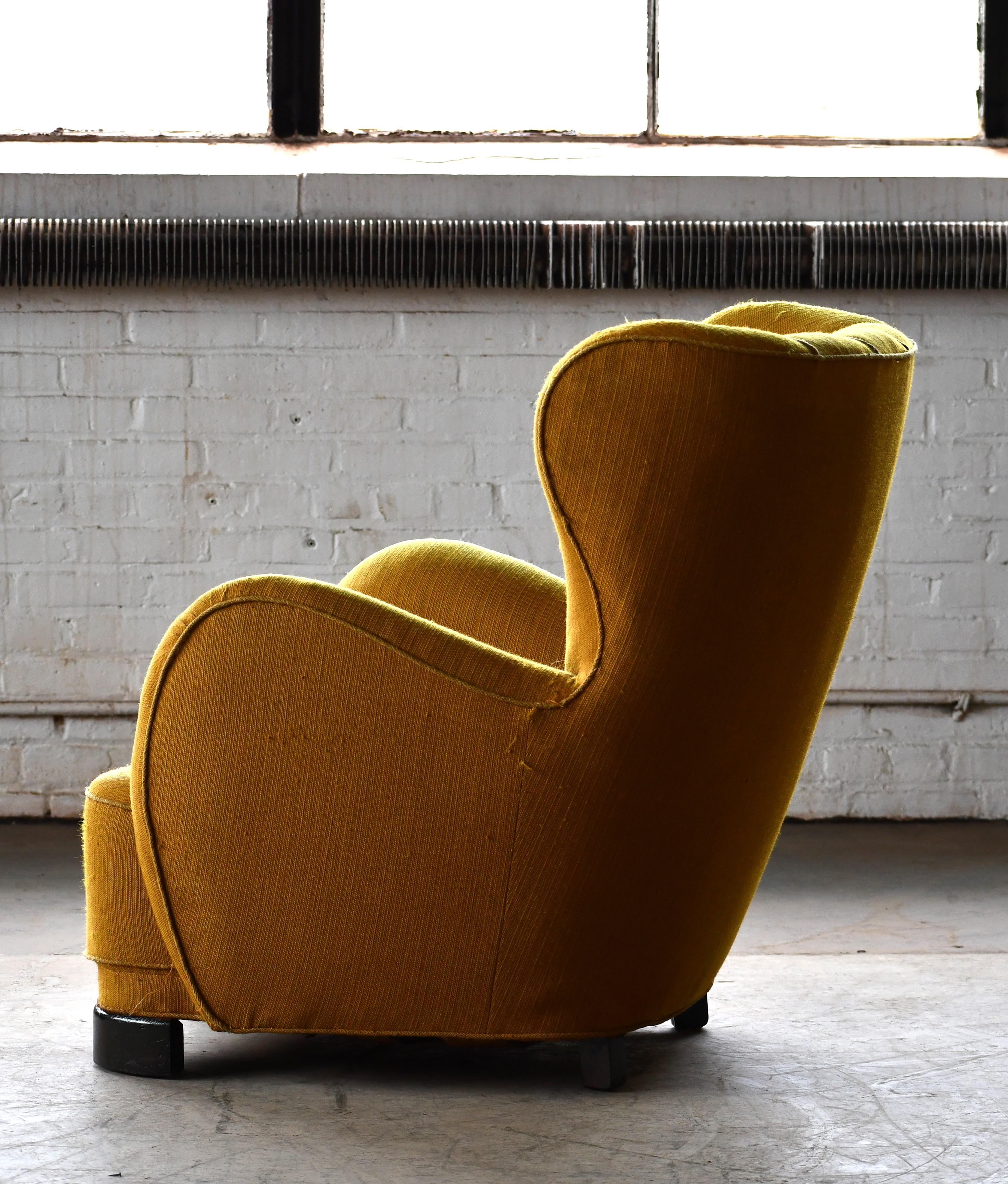Mid-20th Century Mogens Lassen Style Danish 1940s Channel Back Lounge Chair in Wool Fabric For Sale