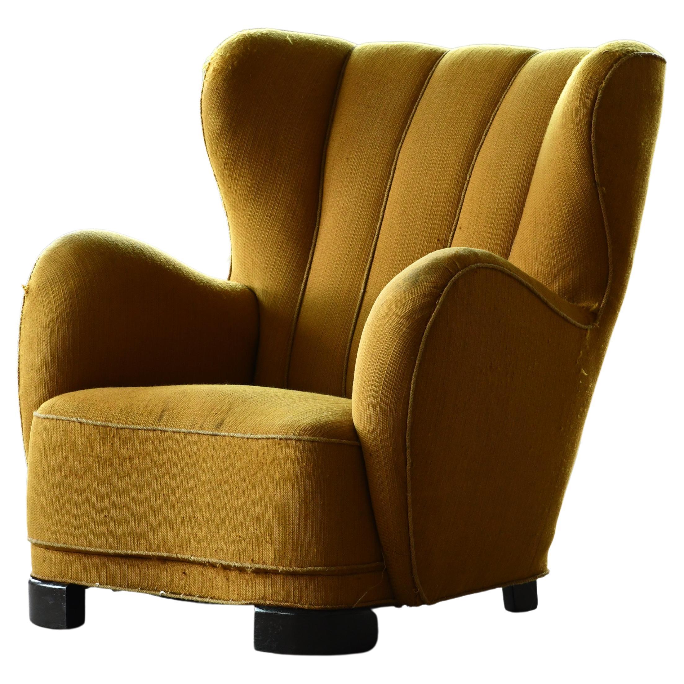 Mogens Lassen Style Danish 1940s Channel Back Lounge Chair in Wool Fabric For Sale
