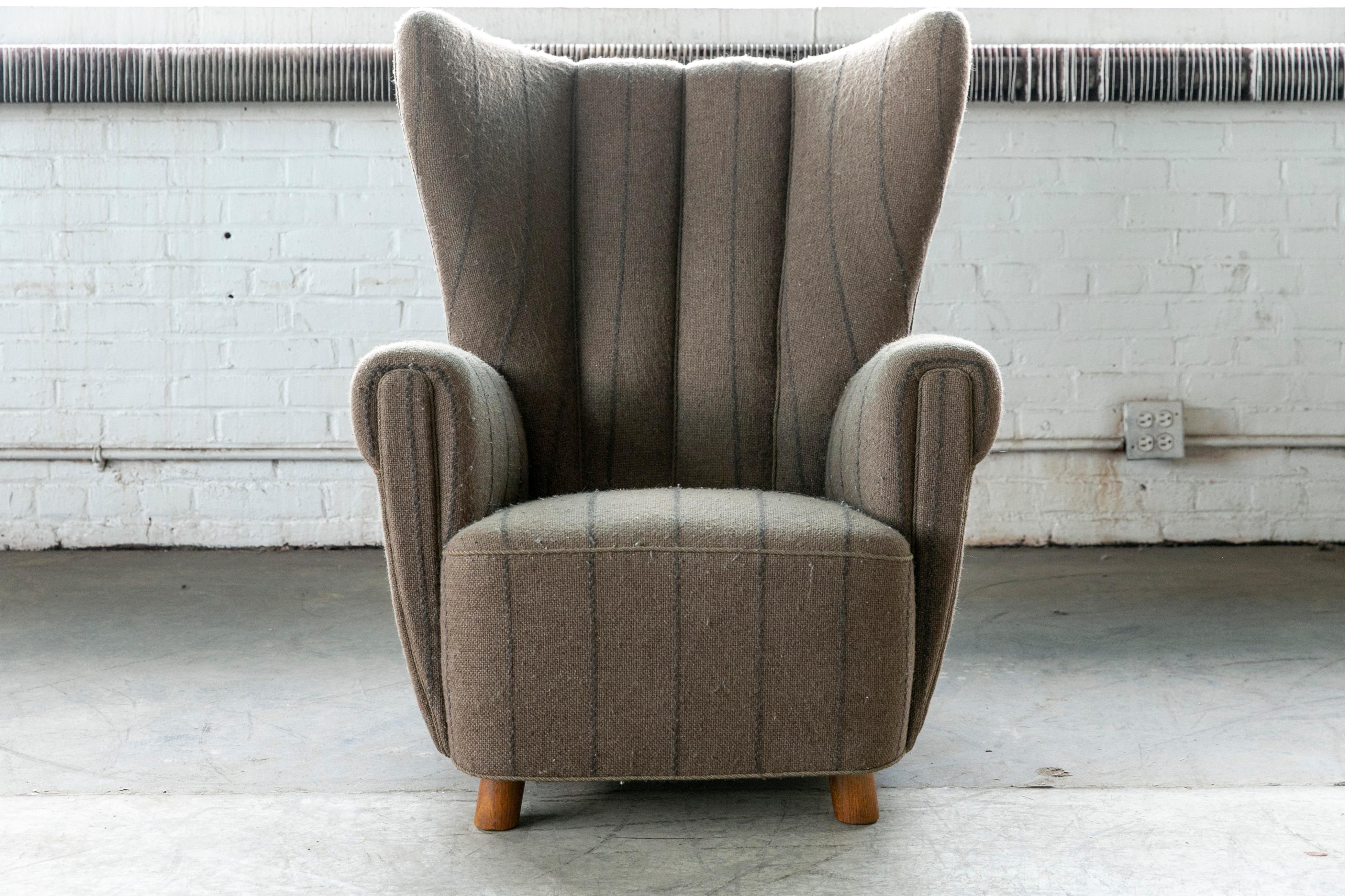 Mohair Mogens Lassen Style Danish 1940s Highback Lounge with Channeled Back