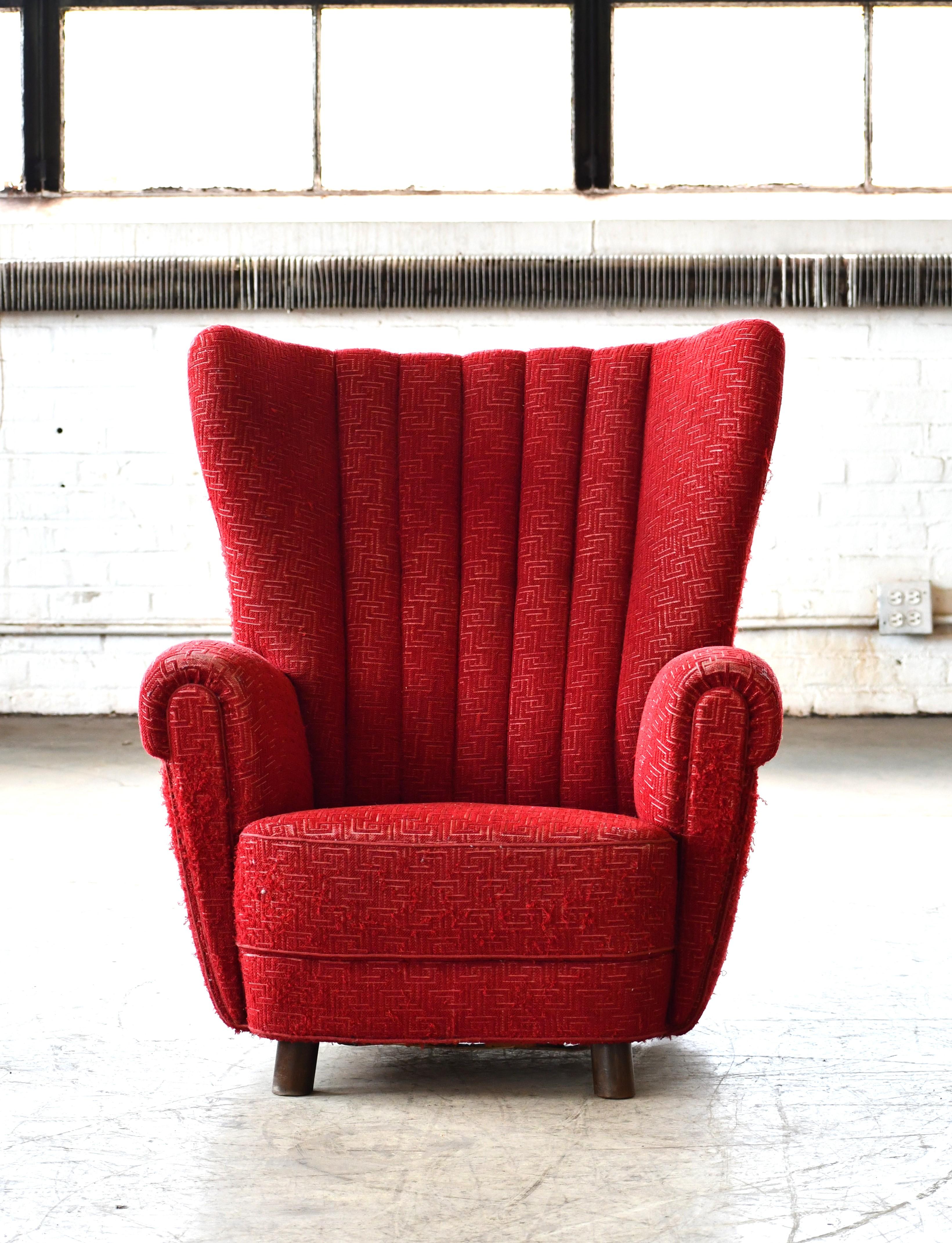 Mogens Lassen Style Danish 1940s Large Highback Lounge Chair with Channelled Back (Dänisch) im Angebot