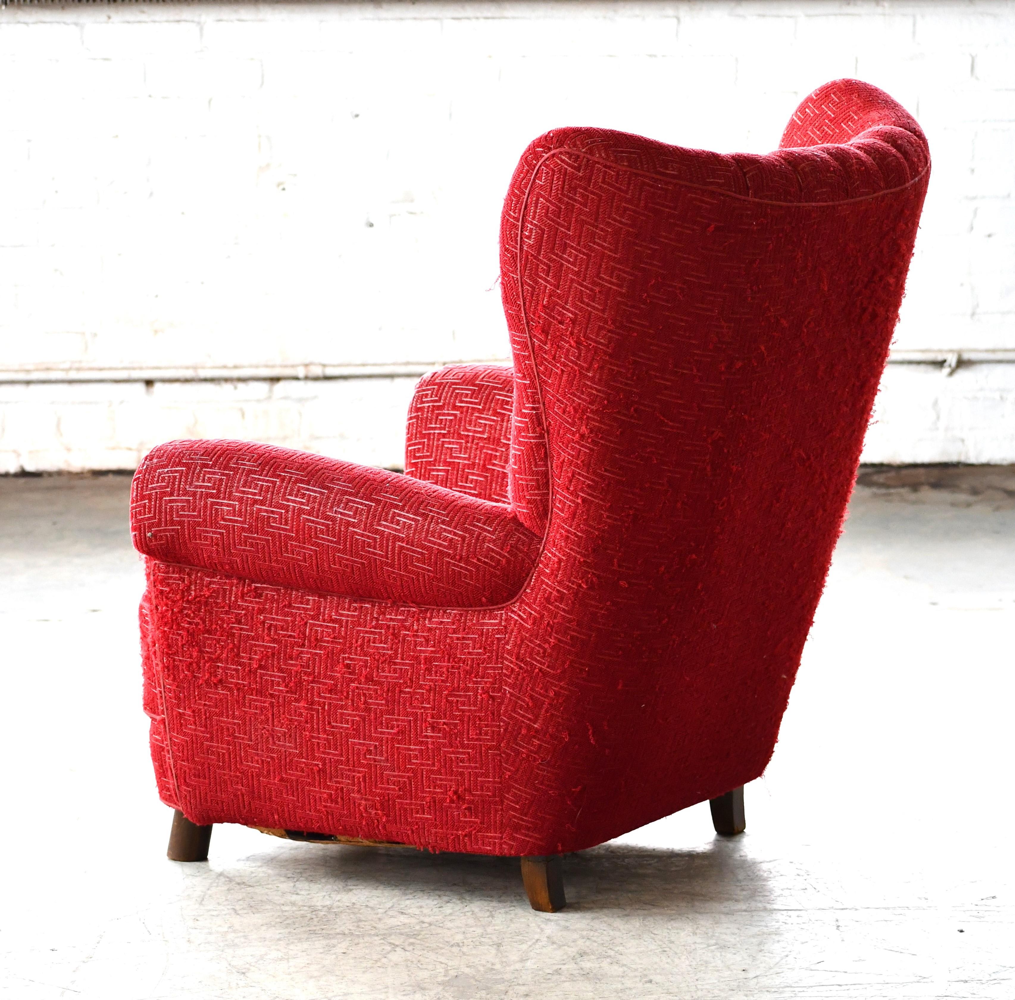 Wool Mogens Lassen Style Danish 1940s Large Highback Lounge Chair with Channeled Back For Sale