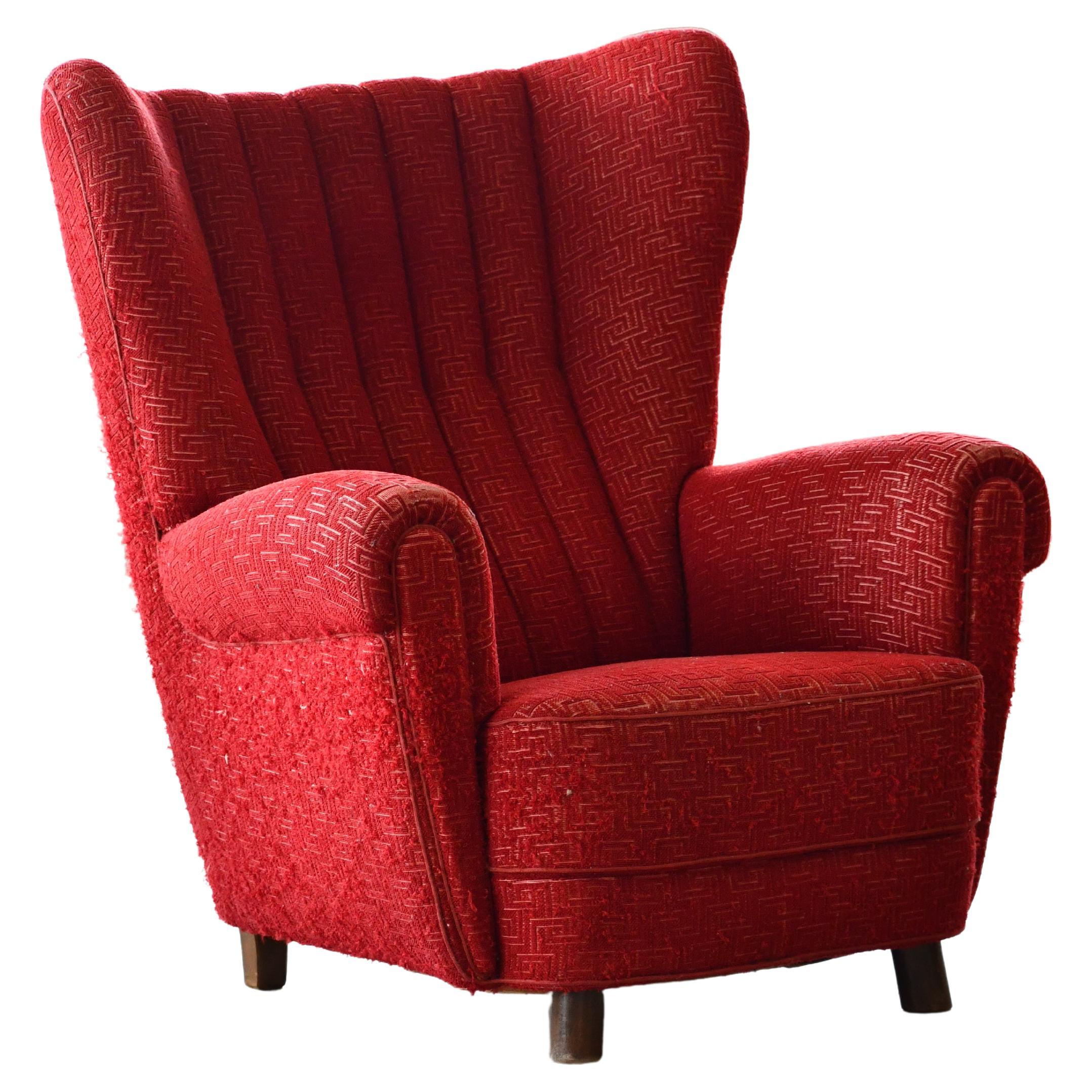 Mogens Lassen Style Danish 1940s Large Highback Lounge Chair with Channeled Back (Chaise longue à dossier large et cannelé)