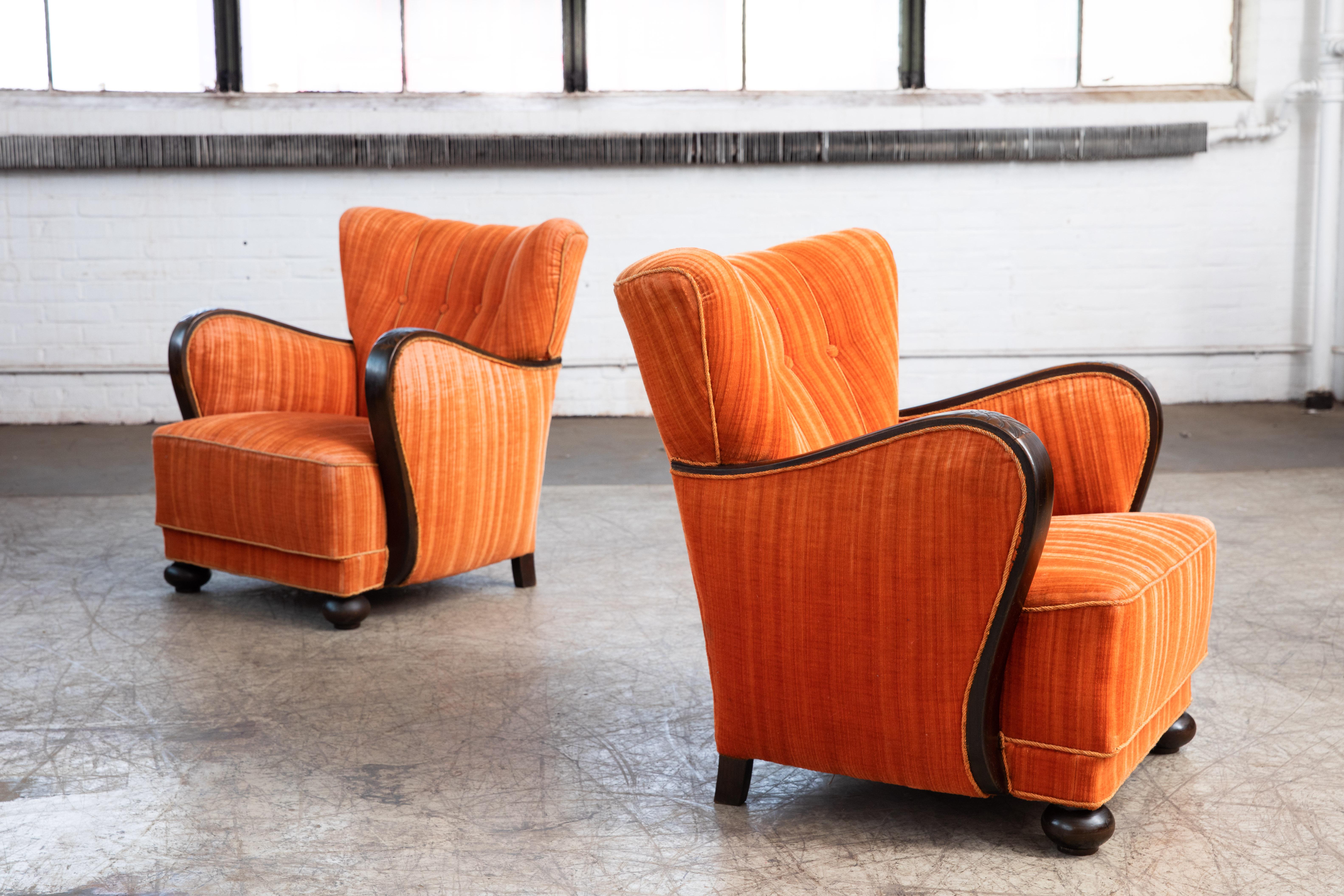 Mogens Lassen Style Danish 1940s Lounge Chairs with Carved Wood Armrests In Good Condition In Bridgeport, CT