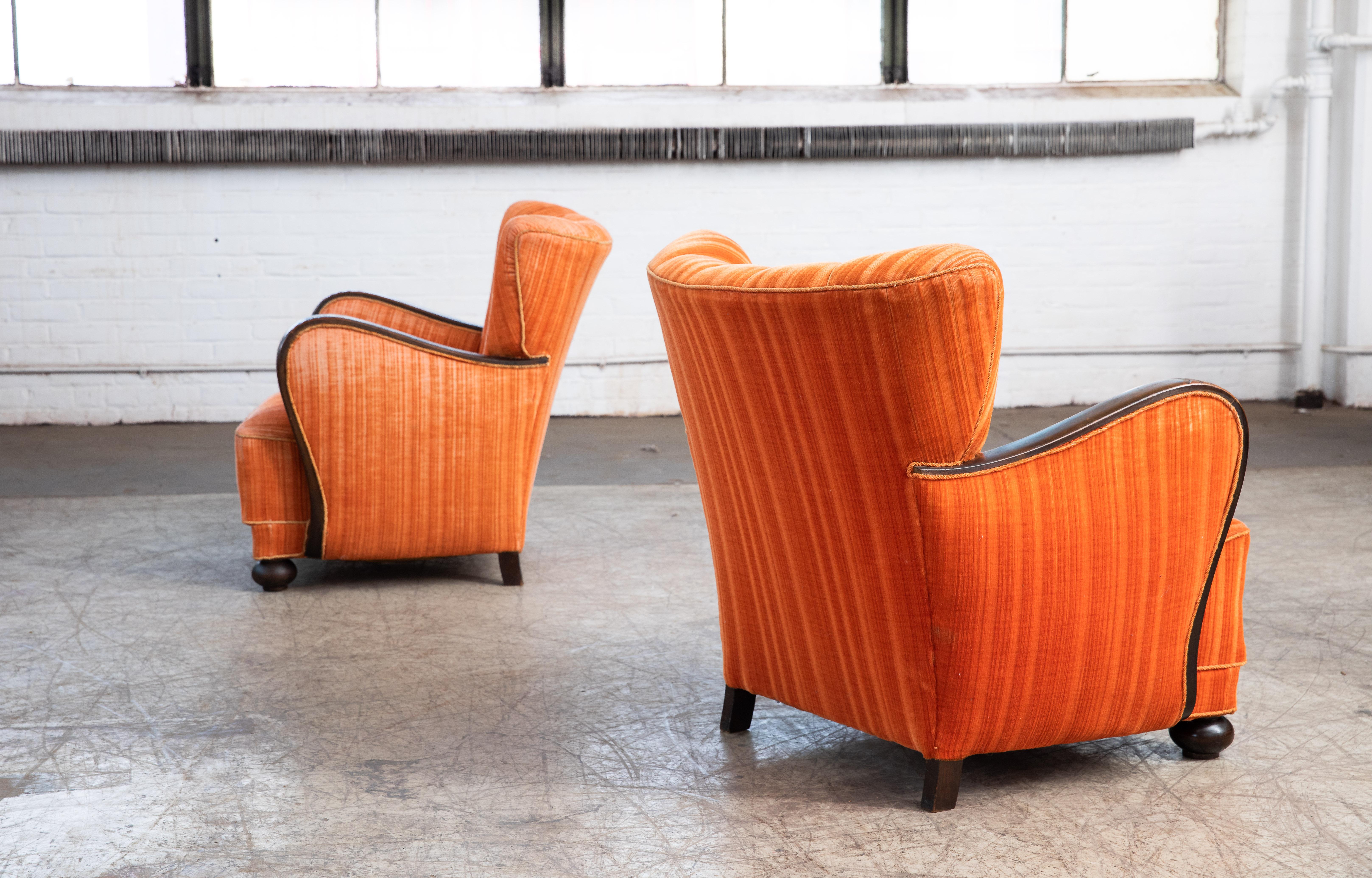 Mid-20th Century Mogens Lassen Style Danish 1940s Lounge Chairs with Carved Wood Armrests