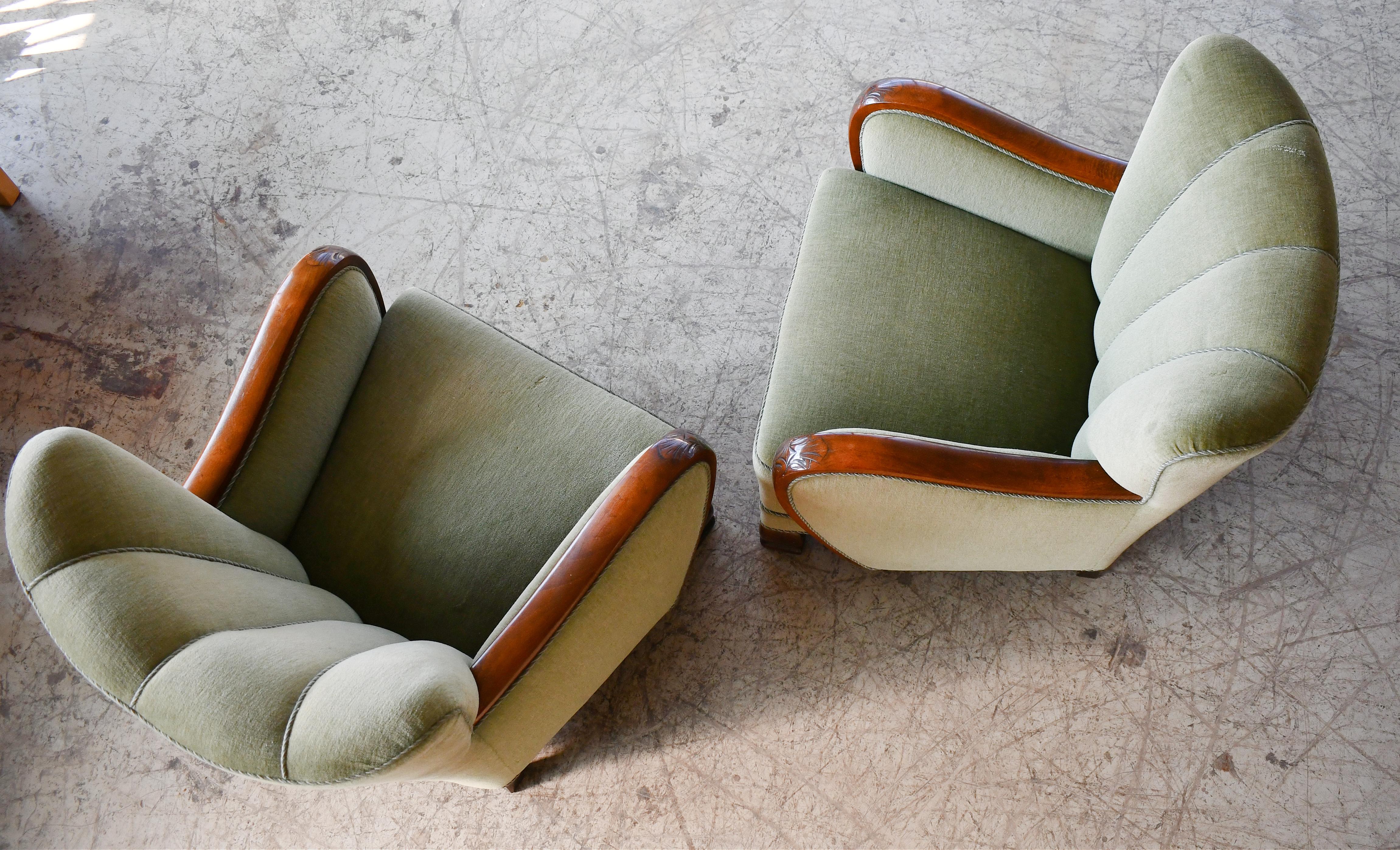 Mohair Mogens Lassen Style Danish 1940s Lounge Chairs with Carved Wood Armrests For Sale