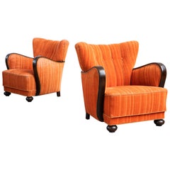 Mogens Lassen Style Danish 1940s Lounge Chairs with Carved Wood Armrests