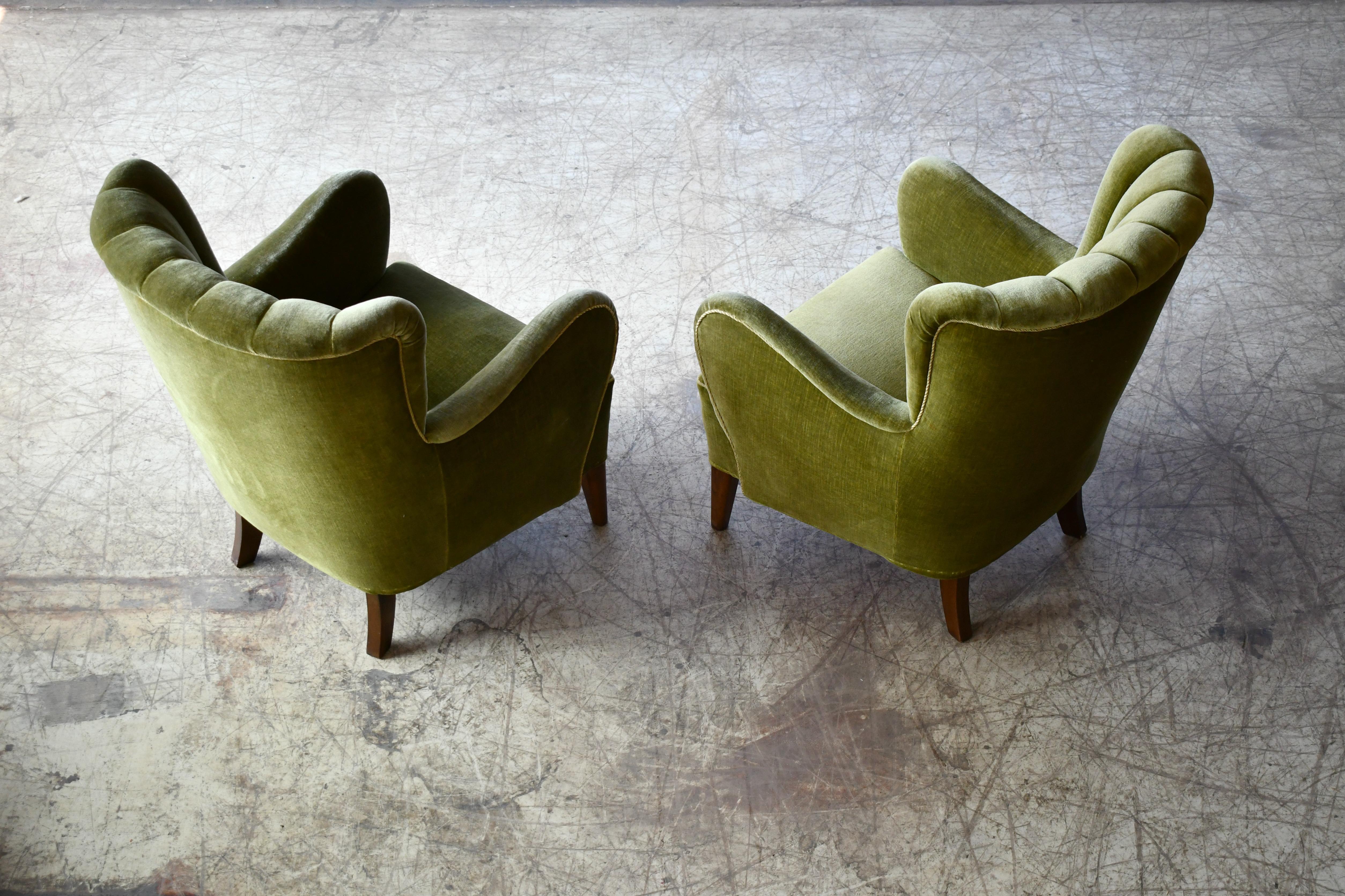 Mid-Century Modern Mogens Lassen Style Danish 1940s Lounge or Club Chair in Green Mohair Fabric