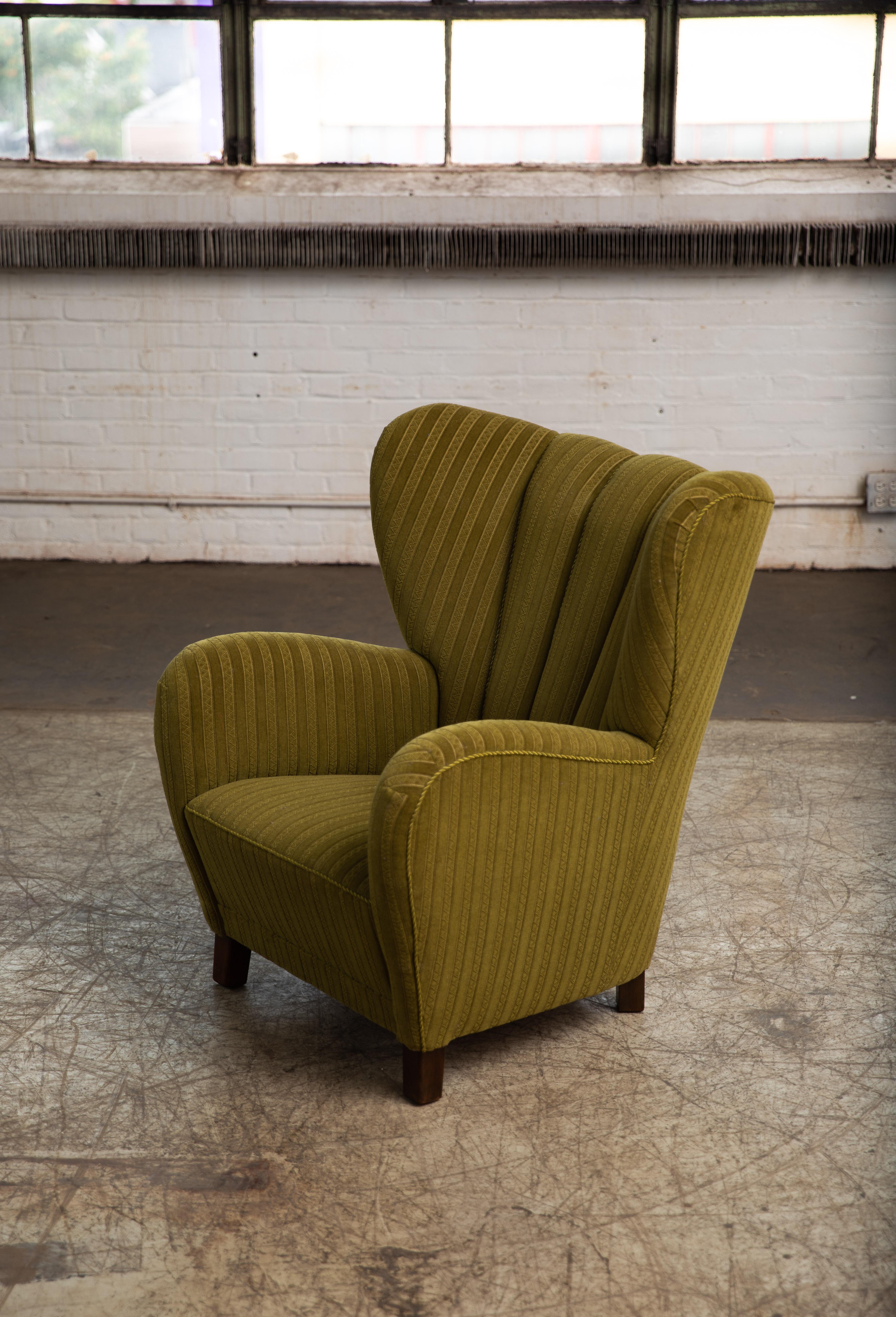 Mogens Lassen Style Danish 1940s Lounge or Club Chair in Green Mohair Fabric 1