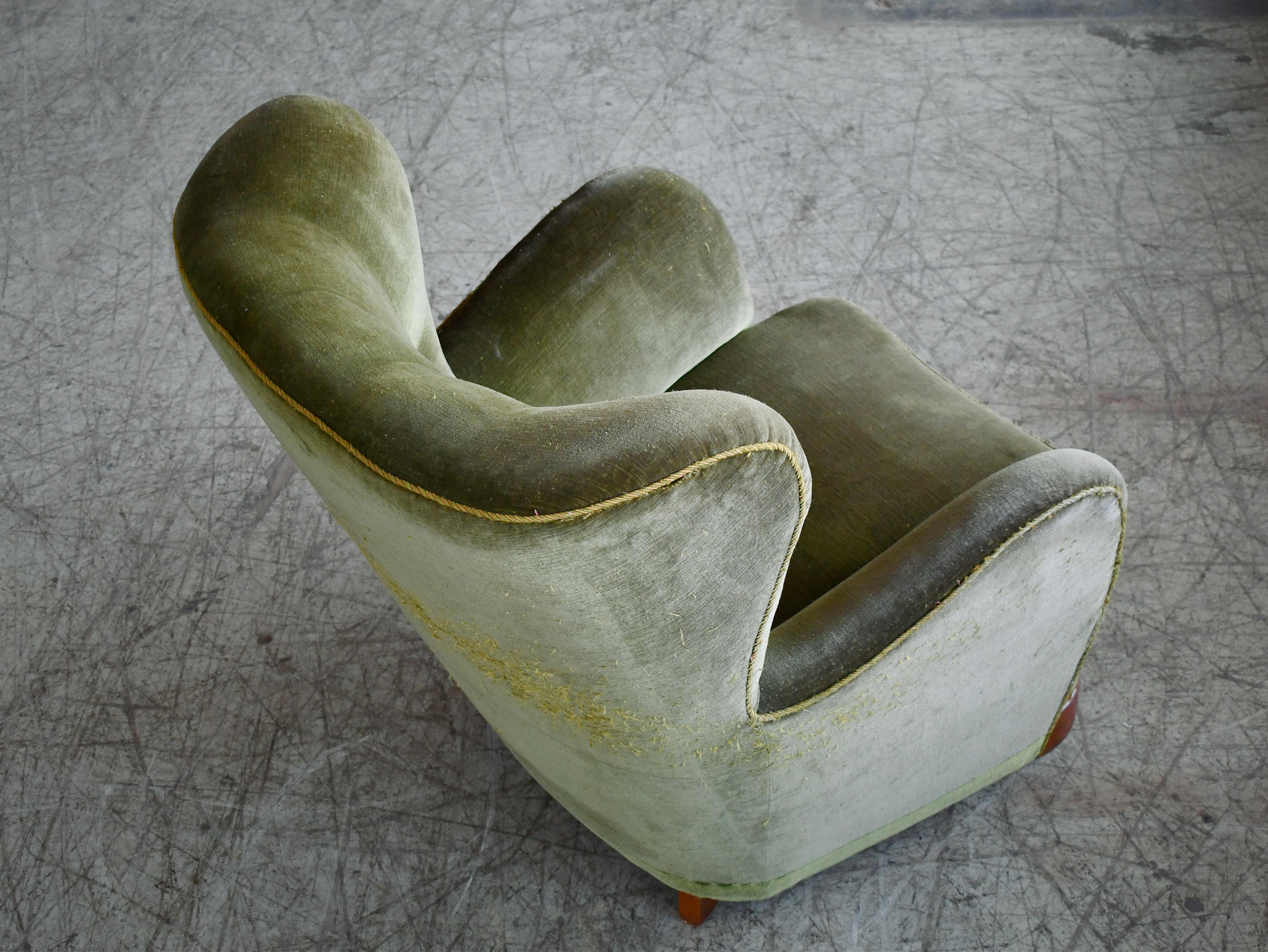 Mogens Lassen Style Danish 1940s Lounge or Club Chair in Green Mohair Fabric 3