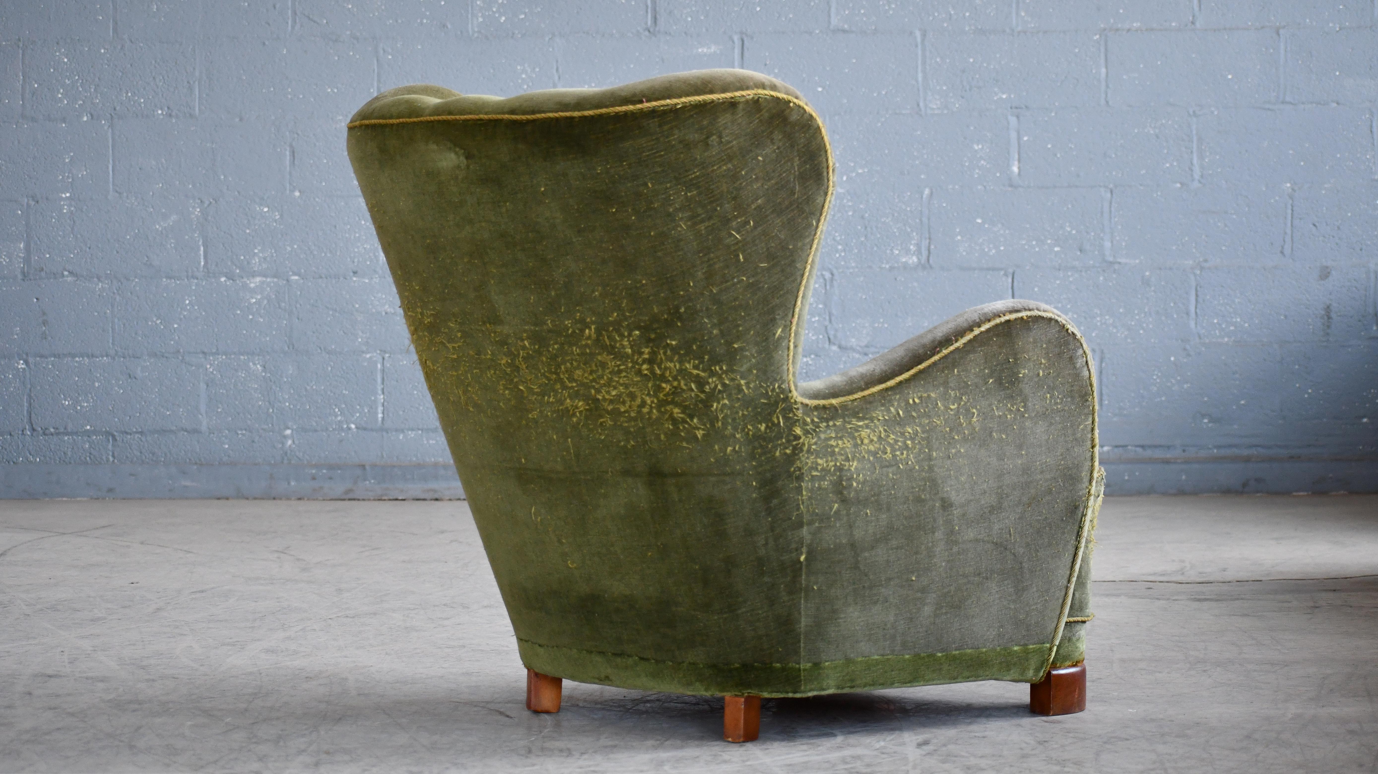Mogens Lassen Style Danish 1940s Lounge or Club Chair in Green Mohair Fabric 4