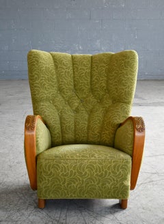 Mogens Lassen Style Highback Lounge Chair with Carved Armrests Made, circa 1940