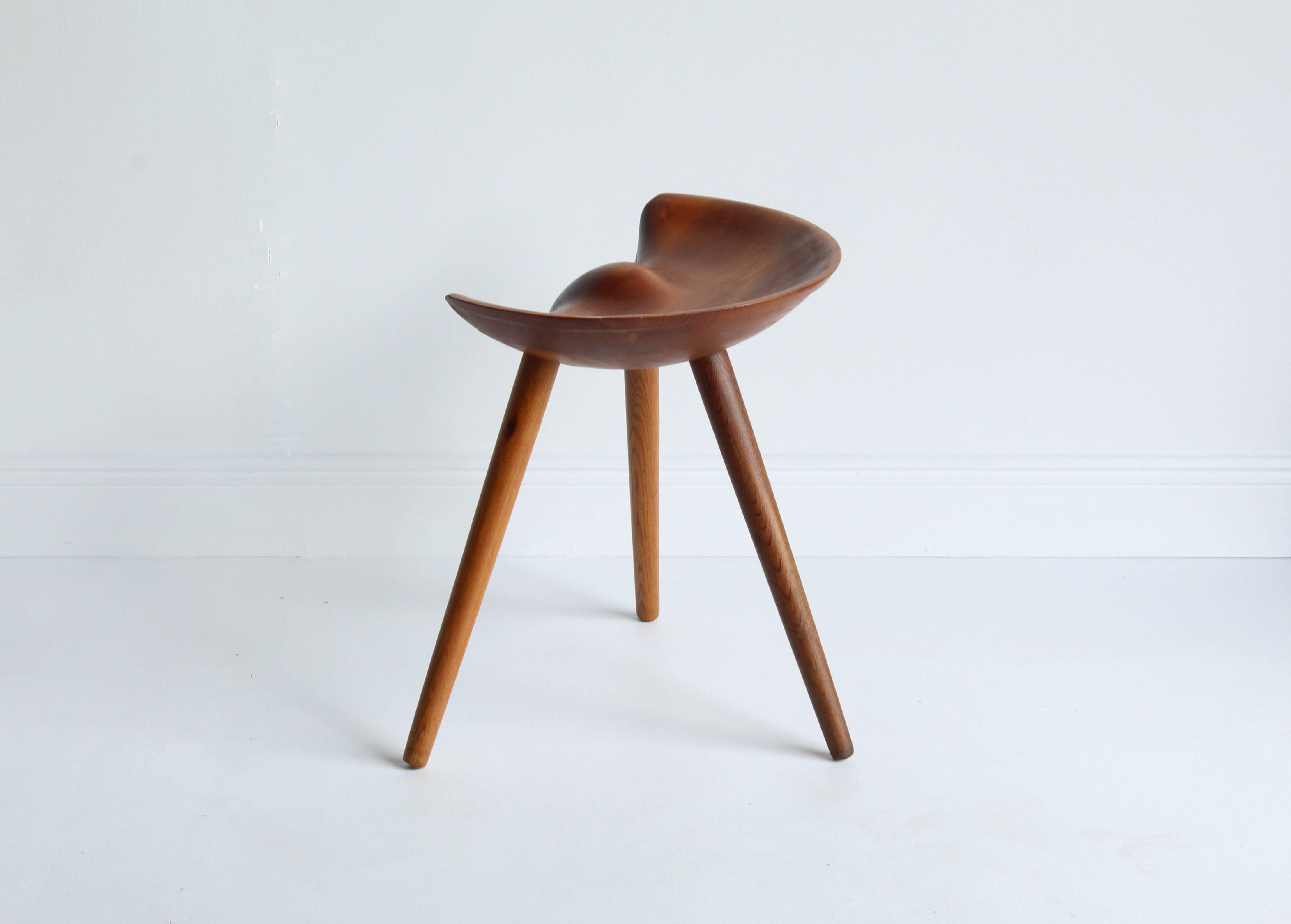 Oak Mogens Lassen, wood stool, elm, oak, K. Thomsen, Denmark, 1942