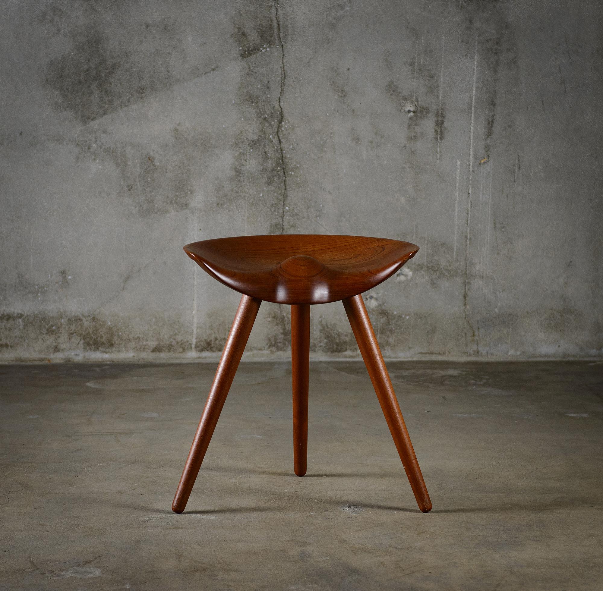 Mogens Lassen for K. Thomsen carved teak stool, Denmark, 1942. 
Signed with paper manufacturer's label to underside: [K. Thomsen Snedkermester Bredgade 36- Kbh. K. Telf. Pala: 2554].