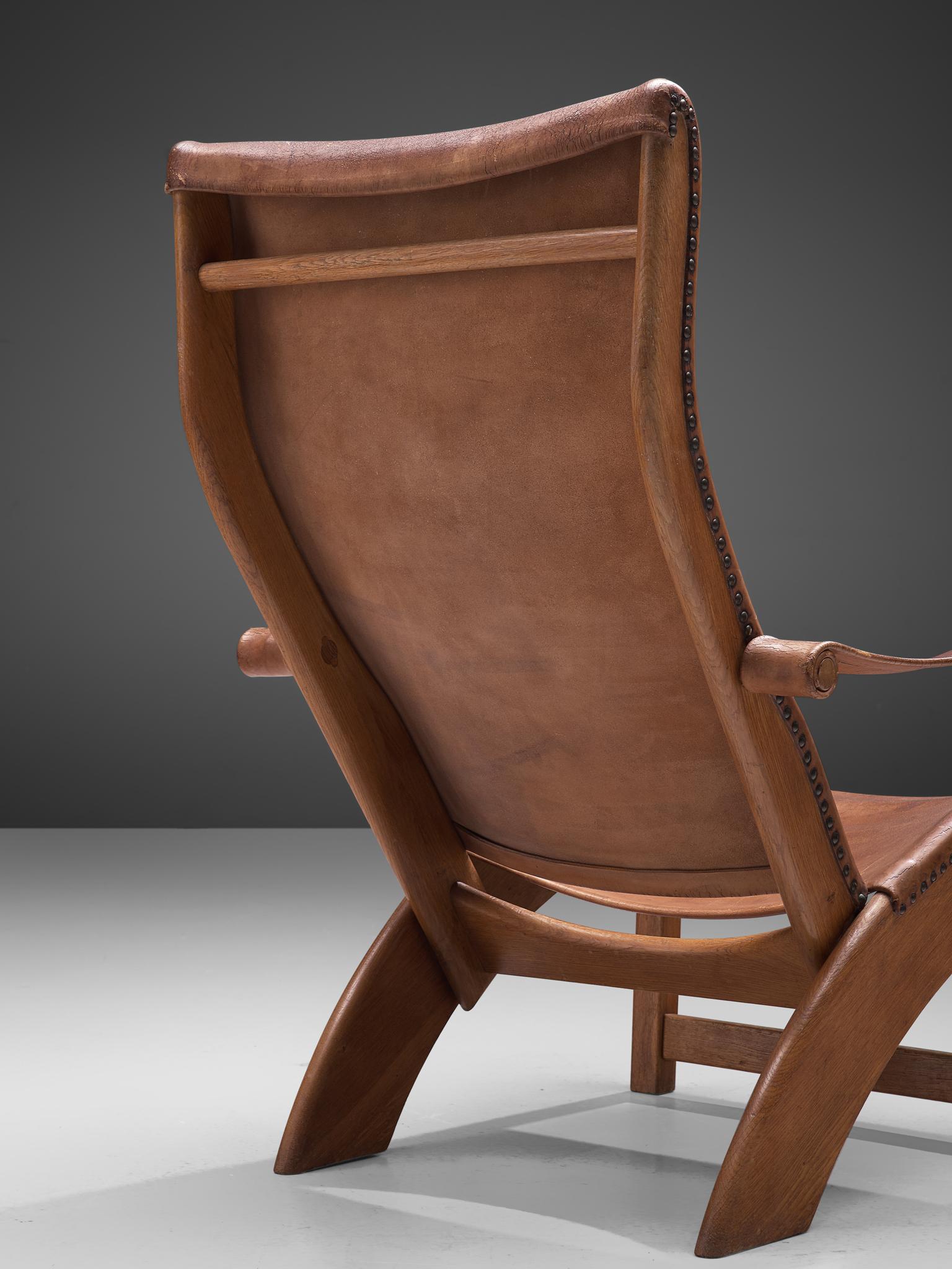 Scandinavian Modern Mogens Voltelen 'Copenhagen Chair' in Original Leather and Lisa Johansson Lamp