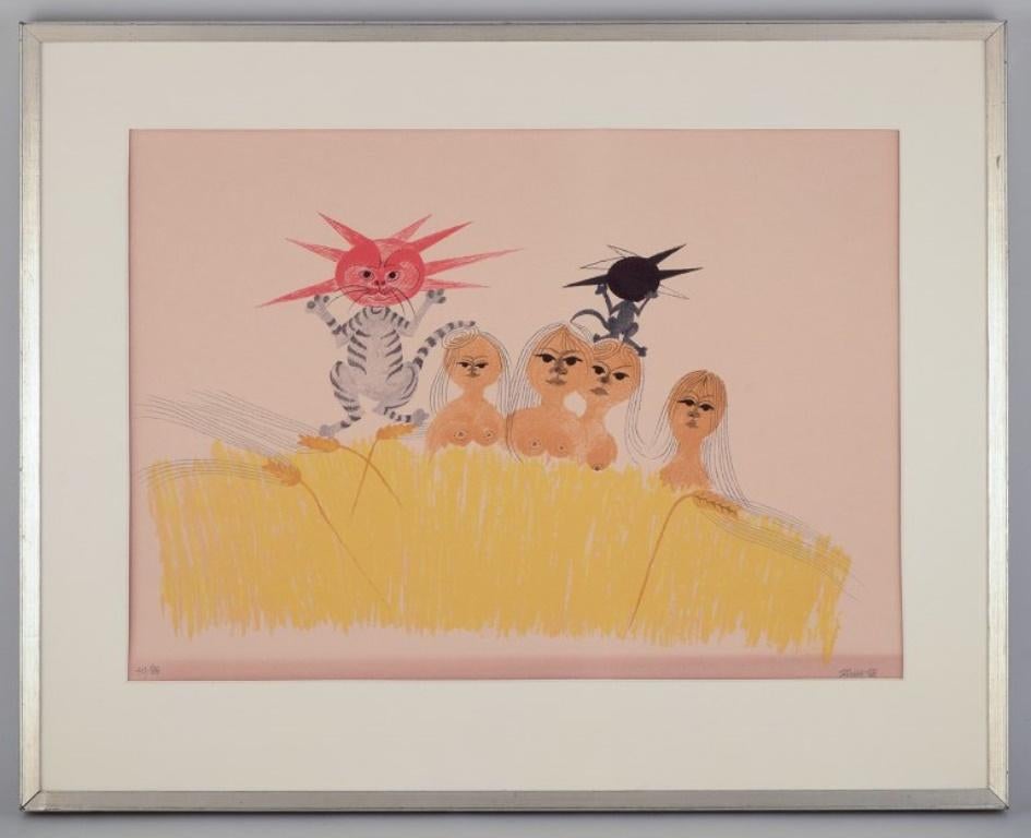 Mogens Zieler (1905-1983), Danish painter and illustrator.
Color lithograph on paper. Dancing cat and women in a field.
Hand-signed in pencil and dated 1968.
No. 40/88.
In perfect condition. Slightly yellowed.
Image dimensions: 59.5 cm x 42.5