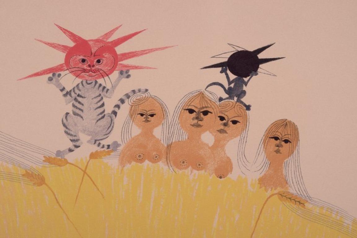 Modern Mogens Zieler, Danish artist. Color lithograph. Dancing cat and women in a field For Sale