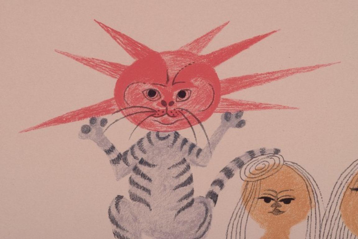 Mogens Zieler, dänischer Künstler. Farblithographie. Tanzende Katze und Frauen auf einem Feld (Dänisch) im Angebot
